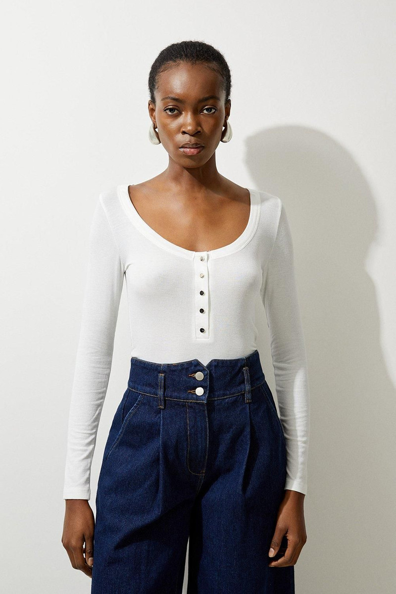 Lux Viscose Rib Jersey Long Sleeve Scoop Neck Top 1