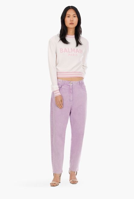 Cropped white wool and cashmere sweater with light pink Balmain logo - 2