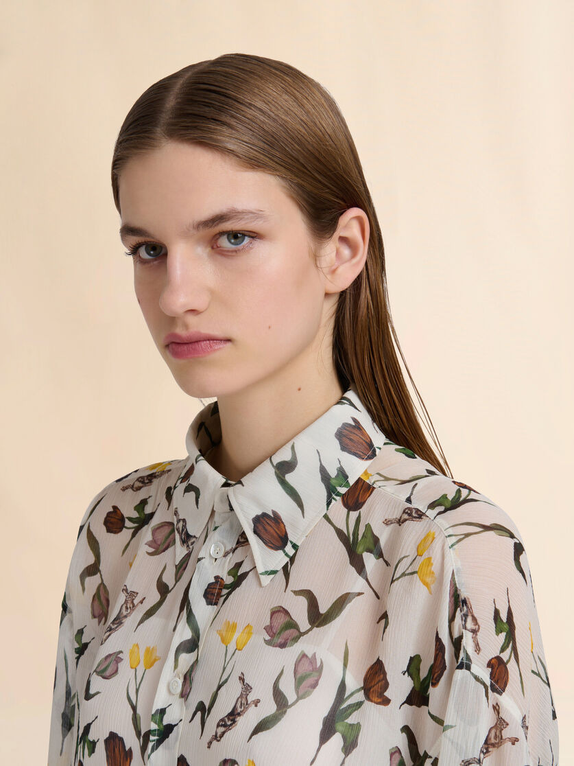 CREAM CHIFFON SHIRT WITH TULIPS AND HARES PRINT - 4