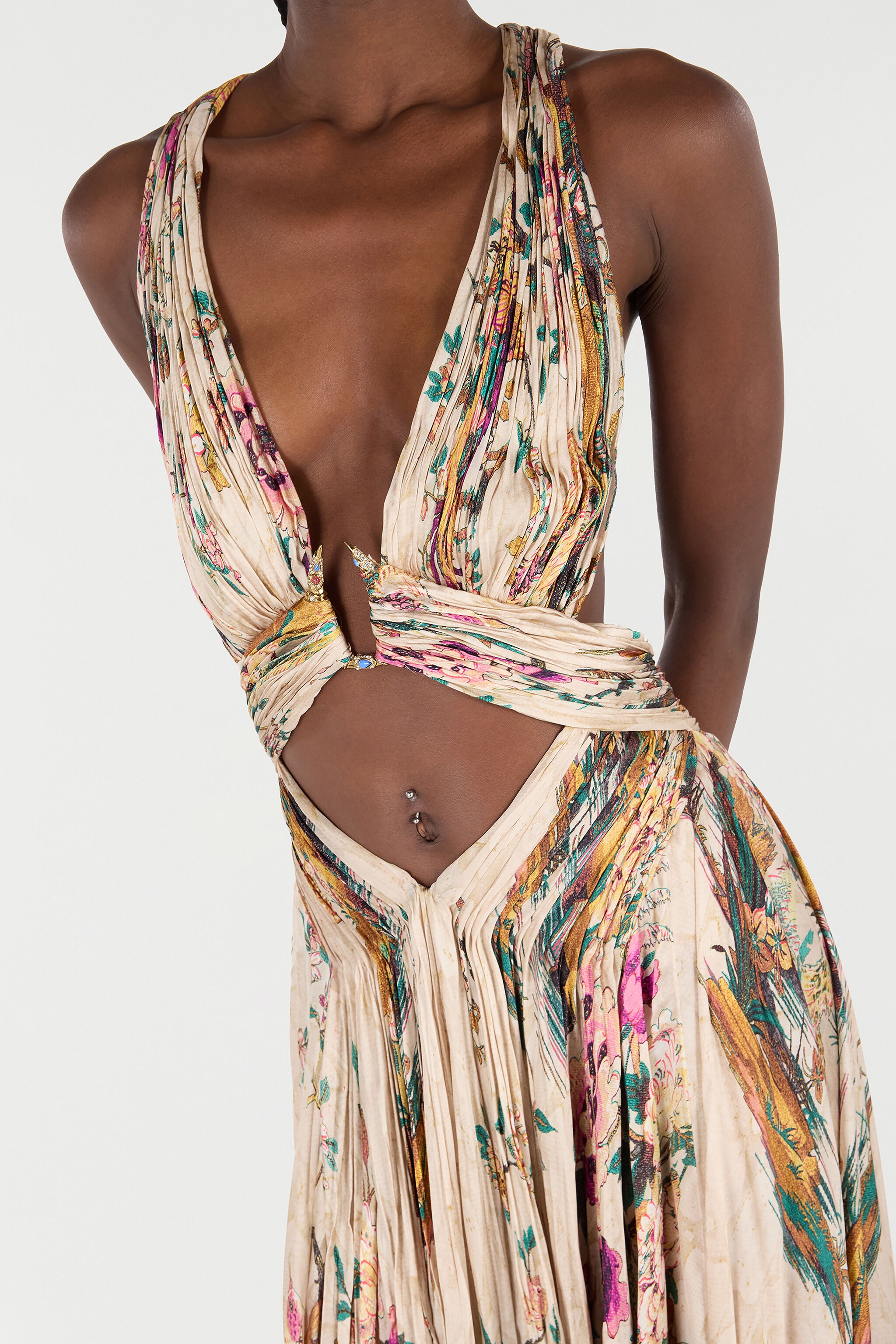 Extra-Long Silk Dress With Flower And Pheasant Print - 7