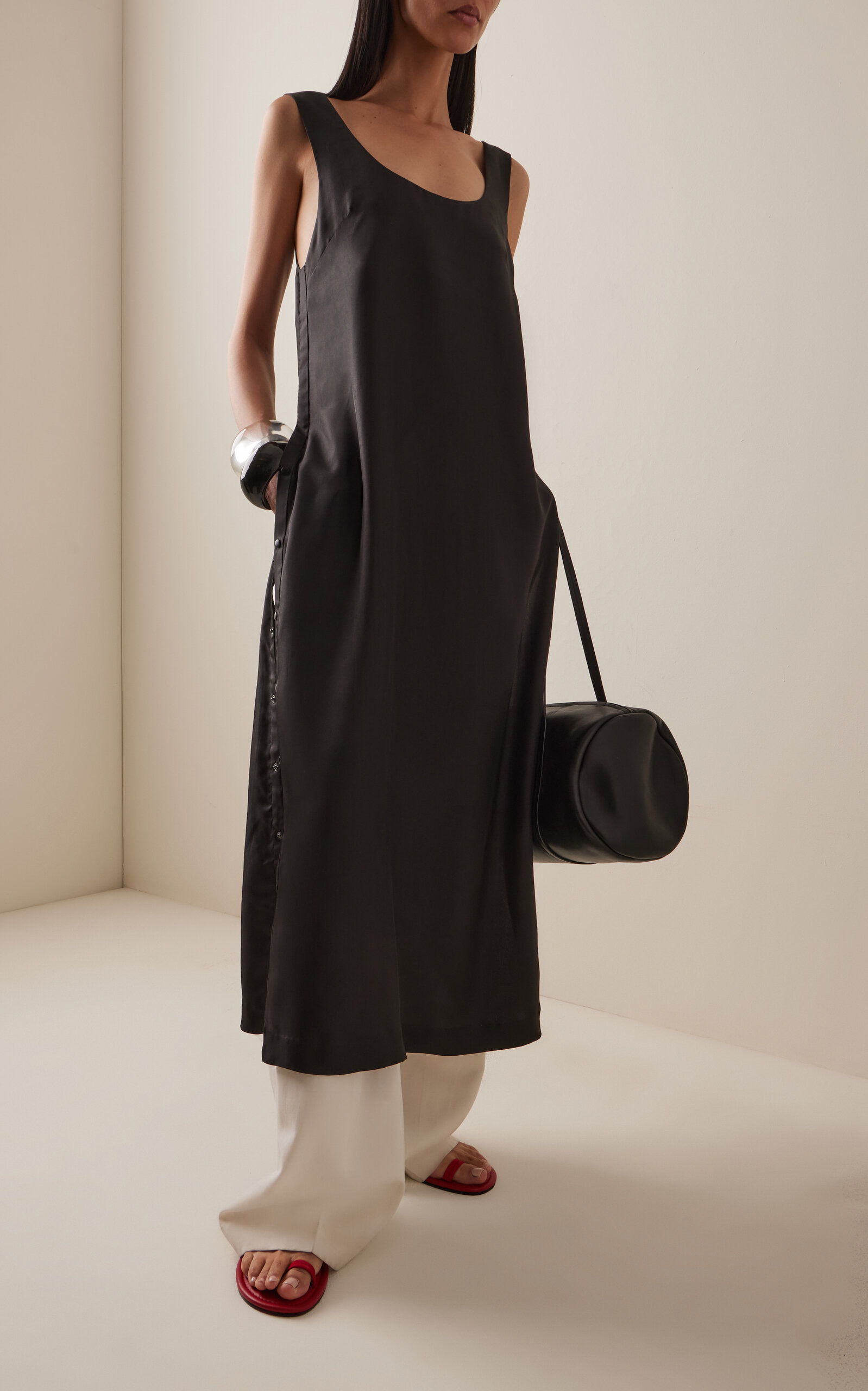 Button-Up Silk Twill Midi Dress black - 5