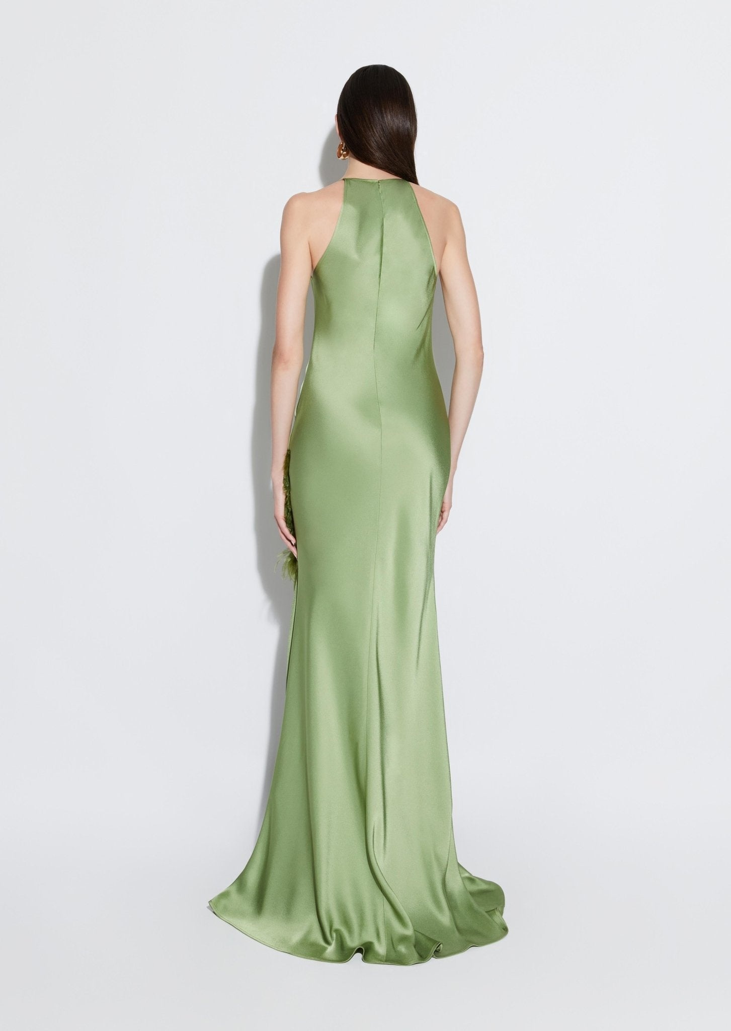 Satin Halter Gown With Feathers - 3