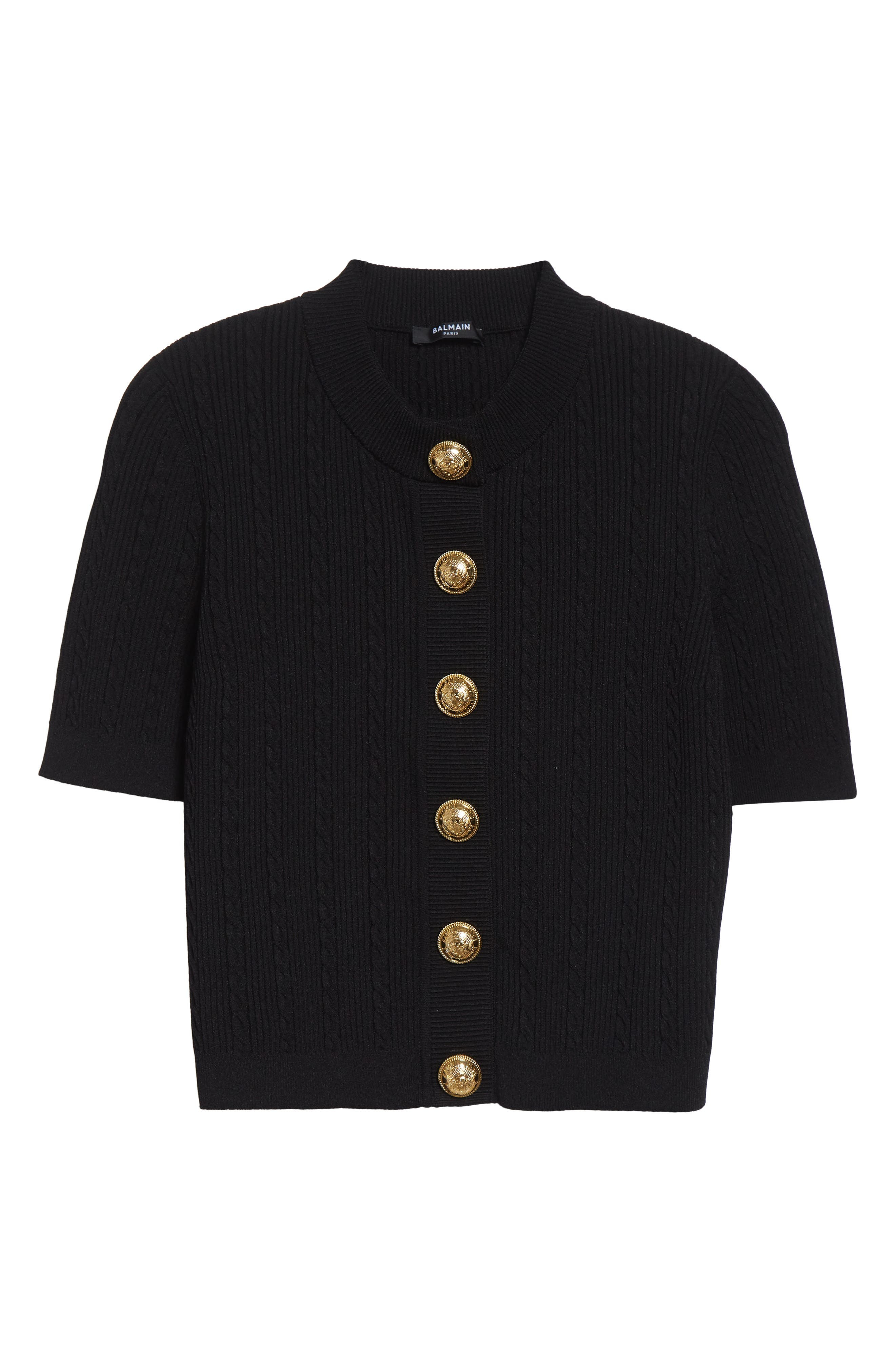 Balmain Cable Stitch Short Sleeve Cardigan in 0Pa Black at Nordstrom - 6
