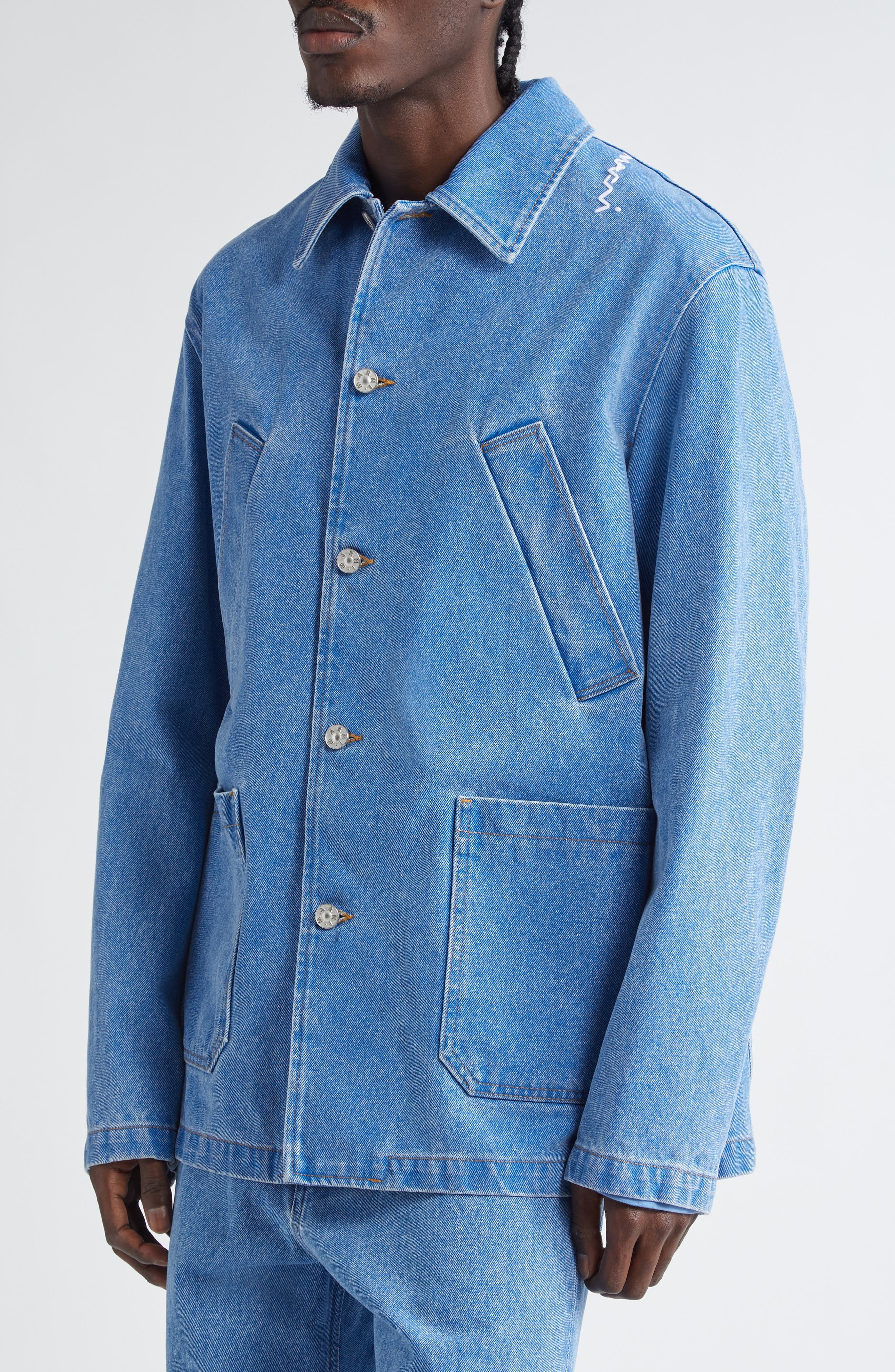 Marni Logo Embroidered Denim Chore Jacket in Cobalt at Nordstrom - 5