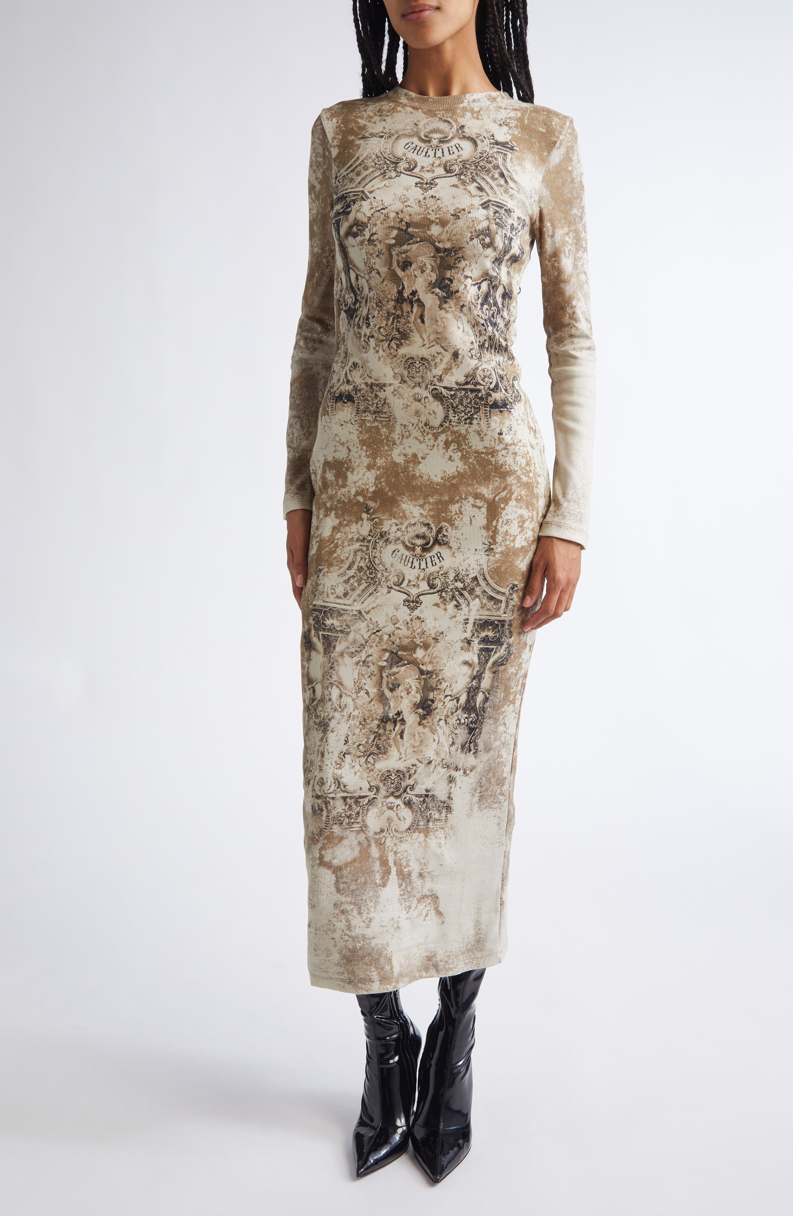 Jean Paul Gaultier Medallion Print Long Sleeve Mesh Body-Con Dress in Light Beige/Taupe at Nordstrom - 1