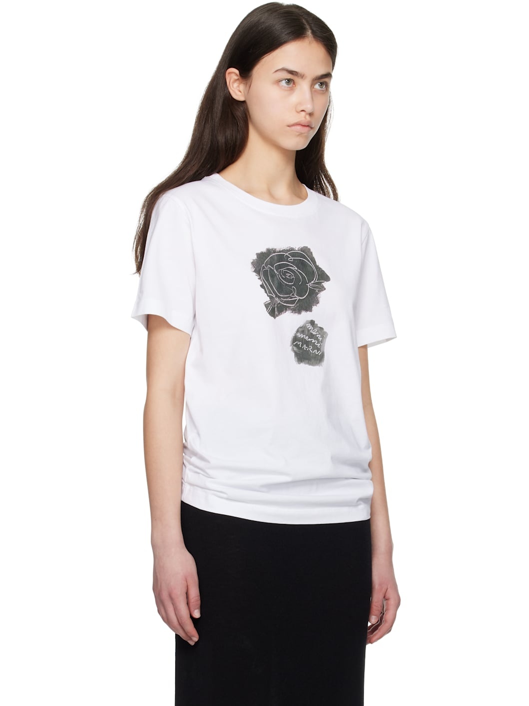 White Printed Brushed Rose Cotton Jersey T-shirt - 2