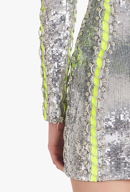 Short silver and lime-green embroidered dress - 10