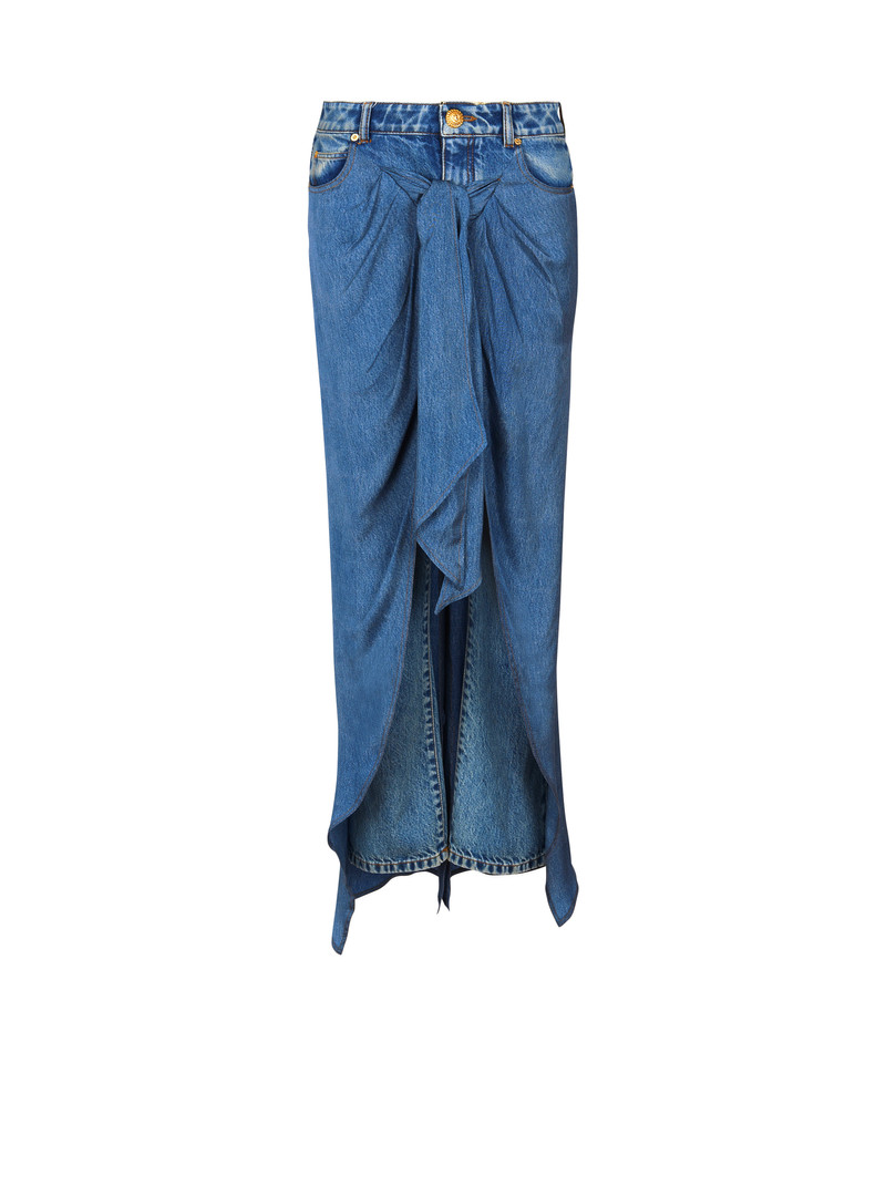 Denim jeans with draped skirt 1