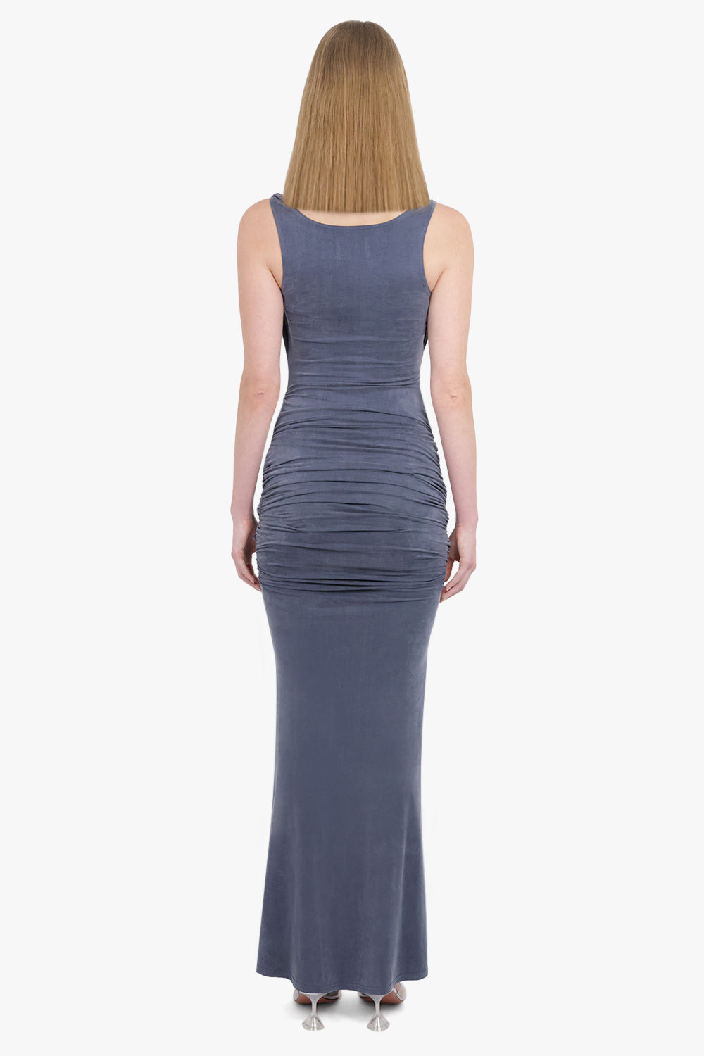 LIZ RUCHED S/LESS ASYMMETRIC MIDI DRESS | WASHED NAVY - 4