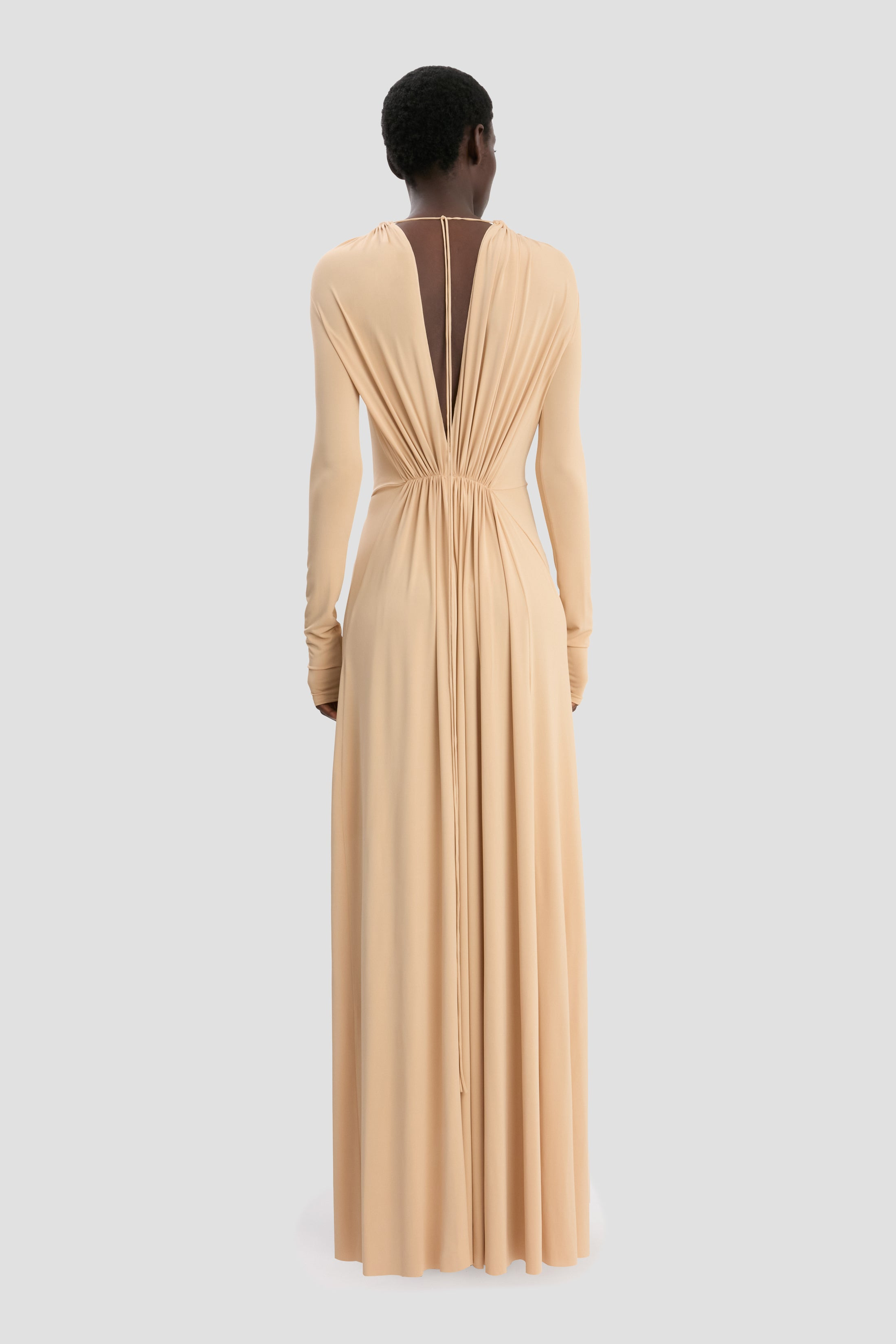 Asymmetric Structured Neckline Gown In Dune Beige - 5