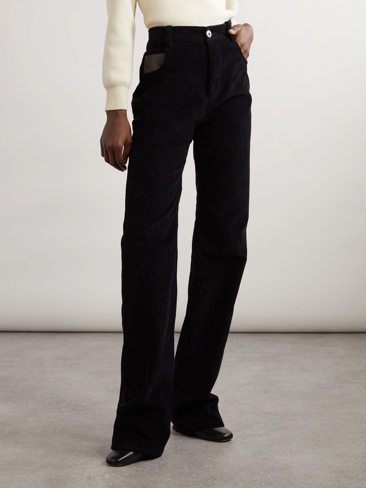 Leather-trimmed cotton-corduroy straight-leg pants Midnight blue - 3