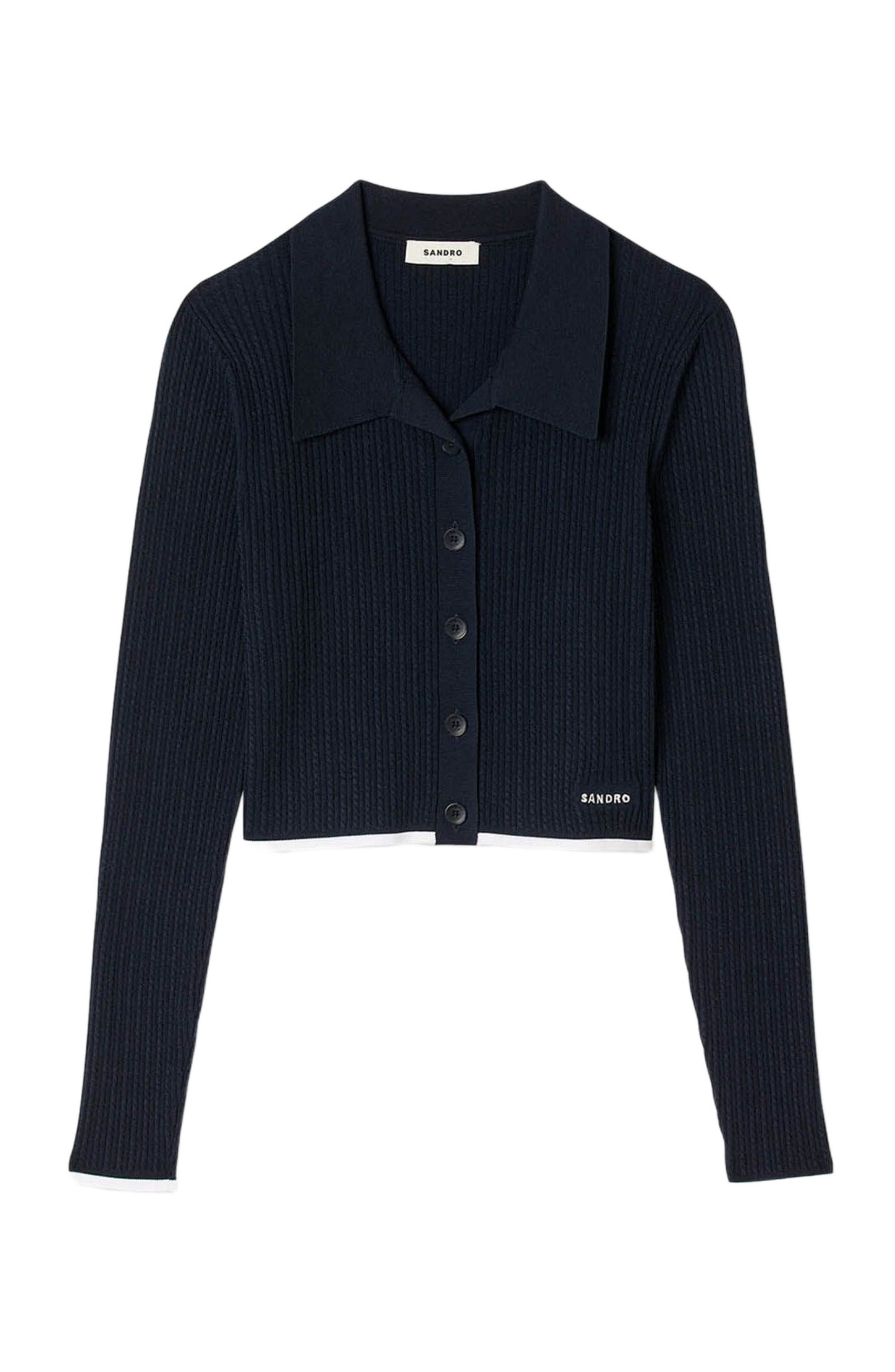 SANDRO Cropped polo collar cardigan in Navy Blue at Nordstrom - 6