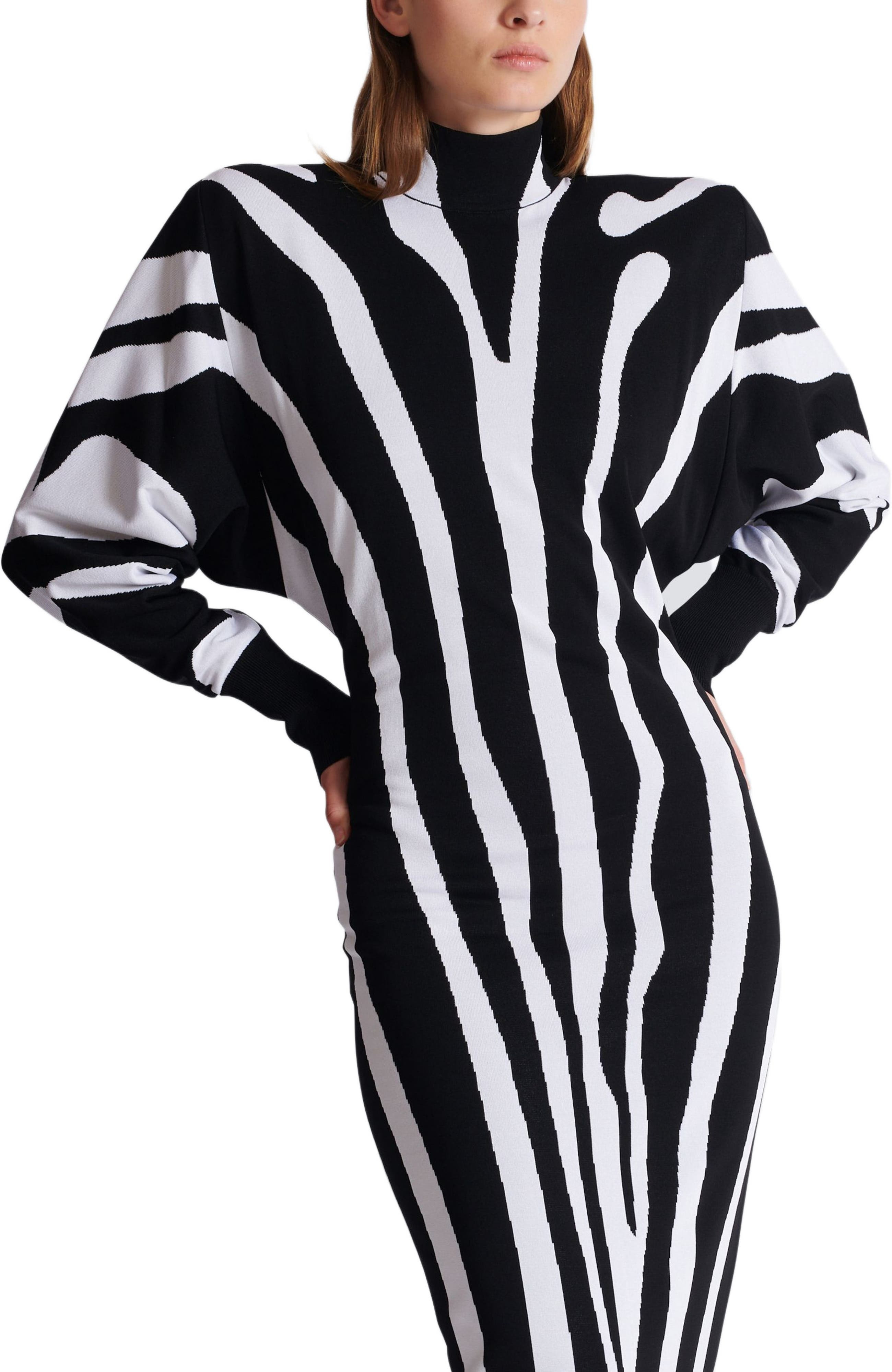 Balmain Long Knit Dress With Zebra Intarsia in Black at Nordstrom - 7
