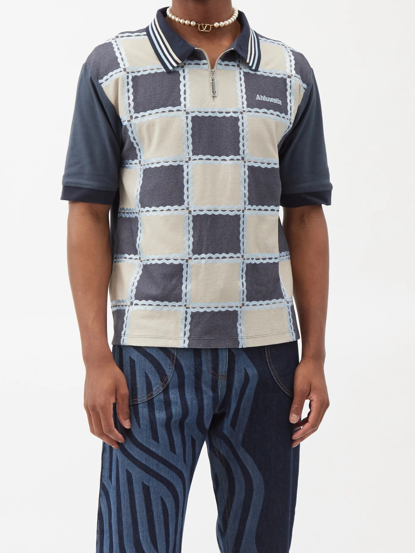 Checkerboard-print cotton-piqué polo shirt - 6