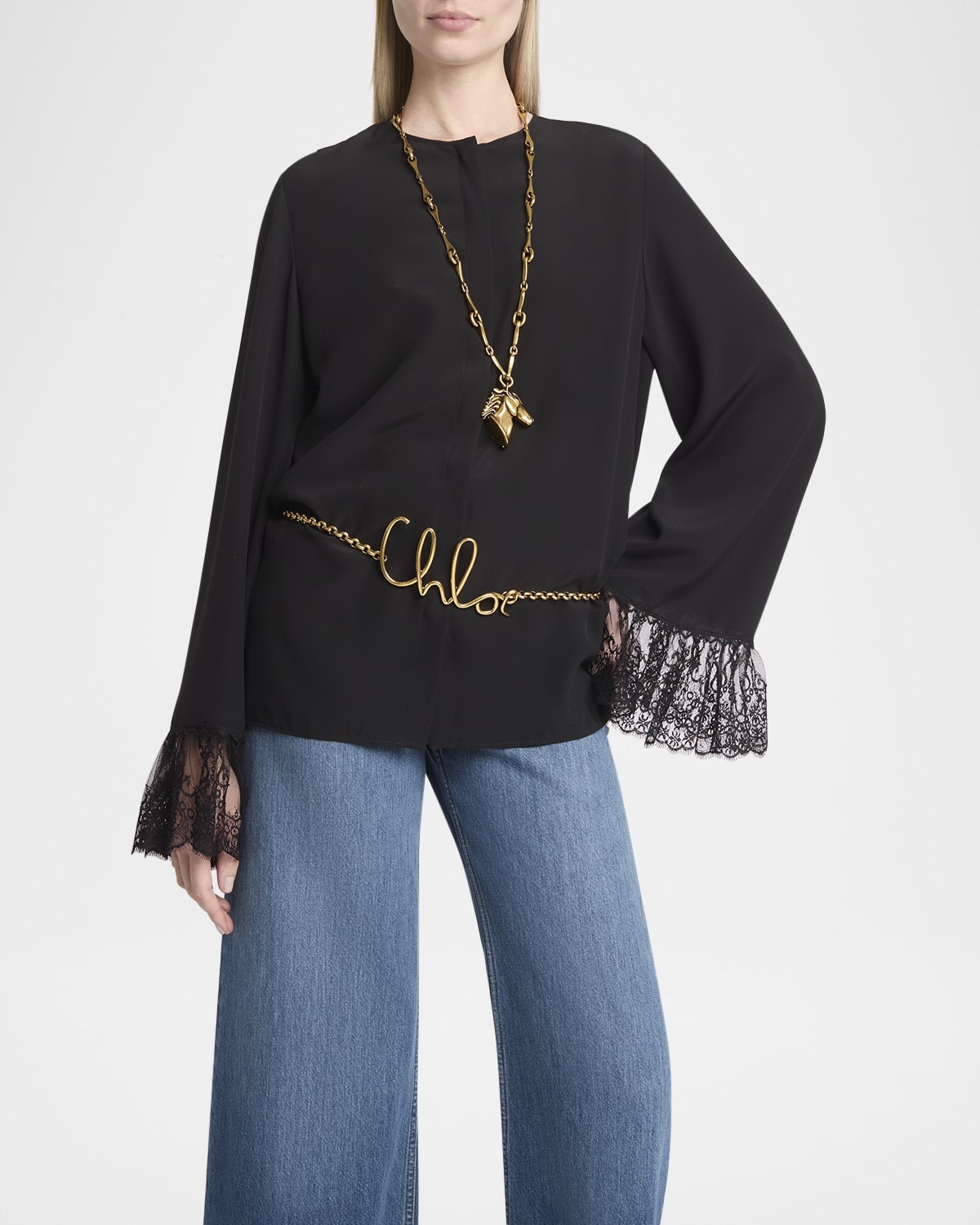 Button Down Crepe De Chine Top with Lace Sleeves - 7