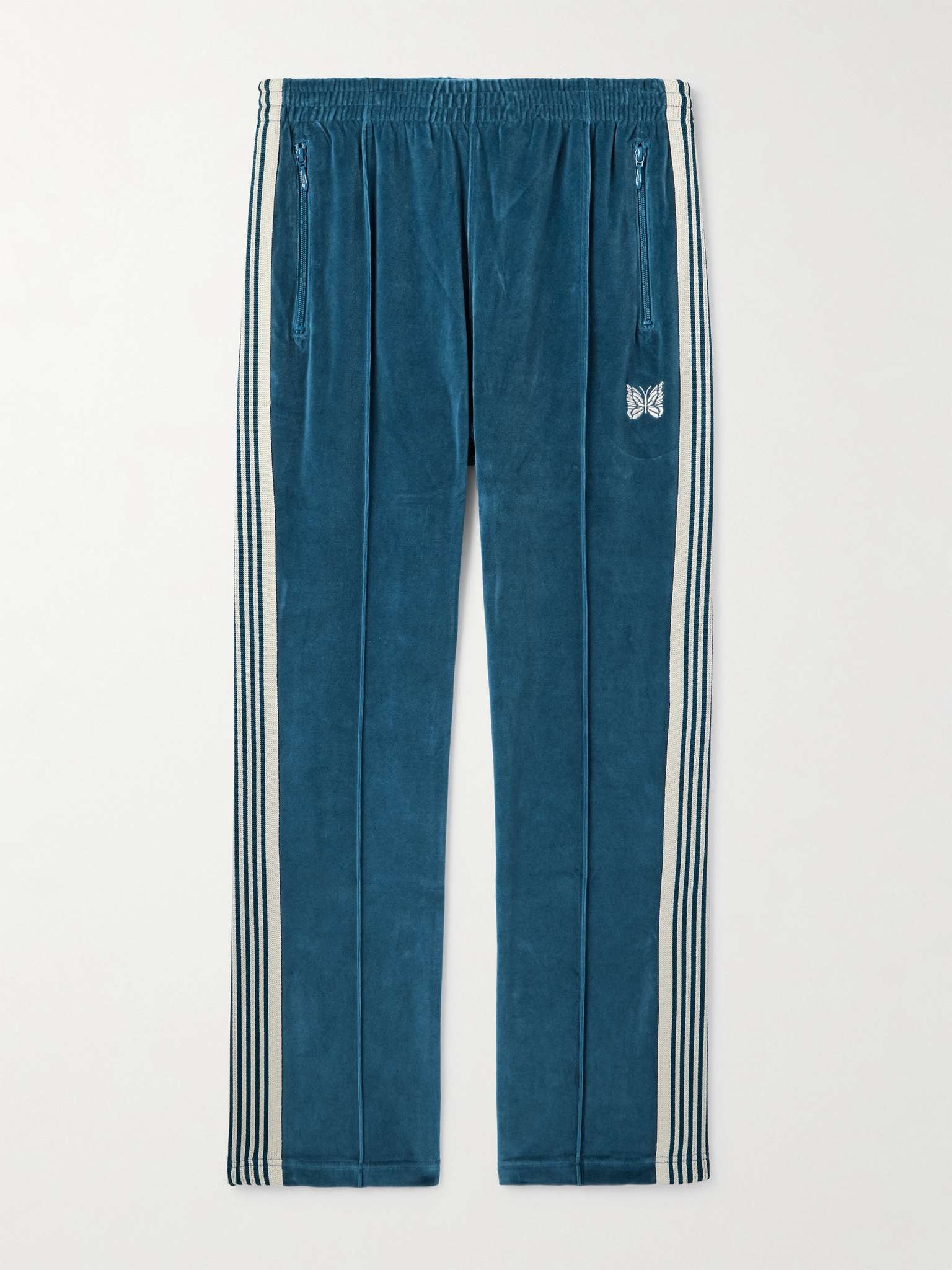 Straight-Leg Webbing-Trimmed Logo-Embroidered Cotton-Blend Velour Track Pants - 1