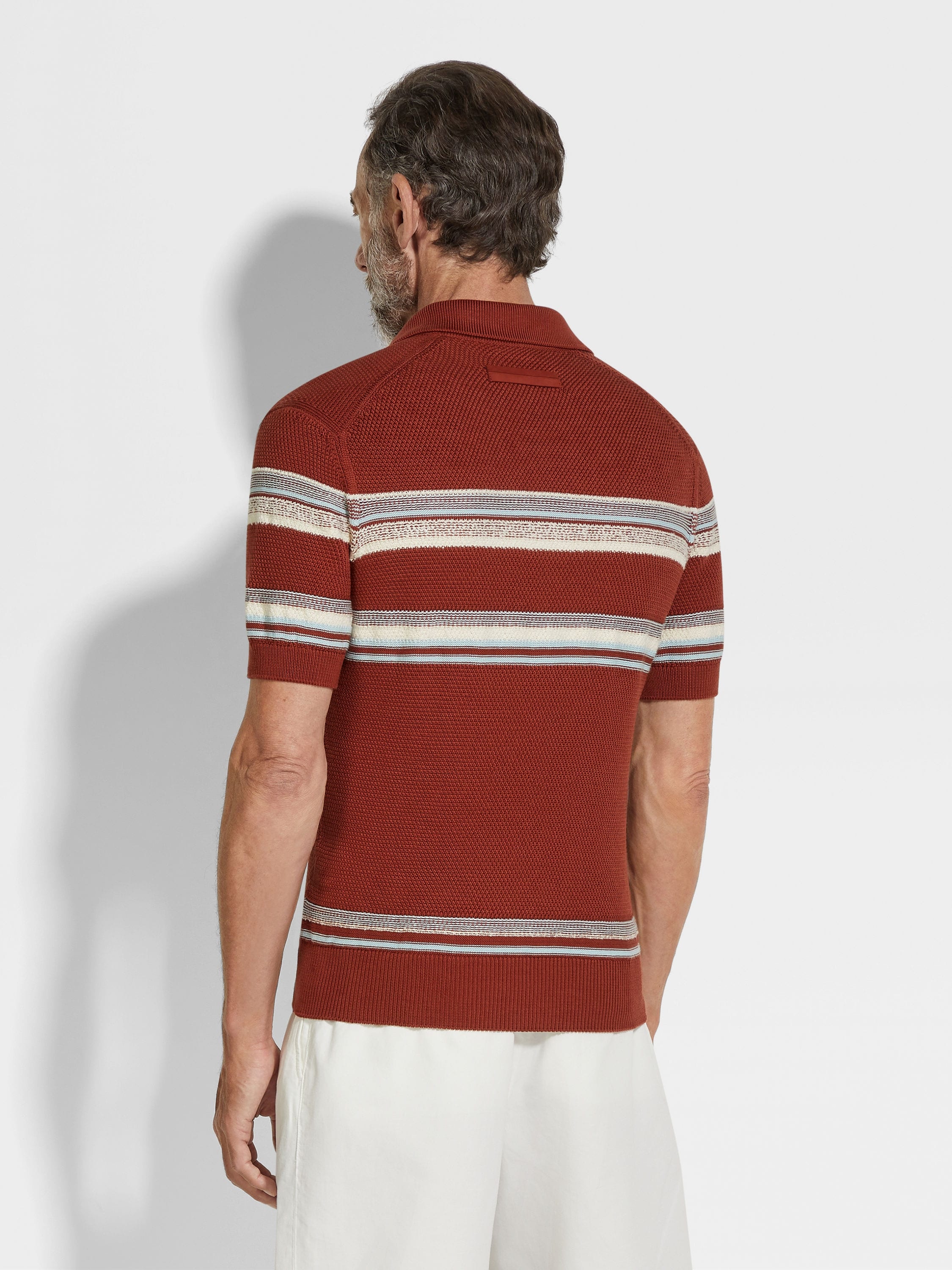BRICK RED LIGHT BLUE AND WHITE COTTON AND SILK POLO SHIRT - 5