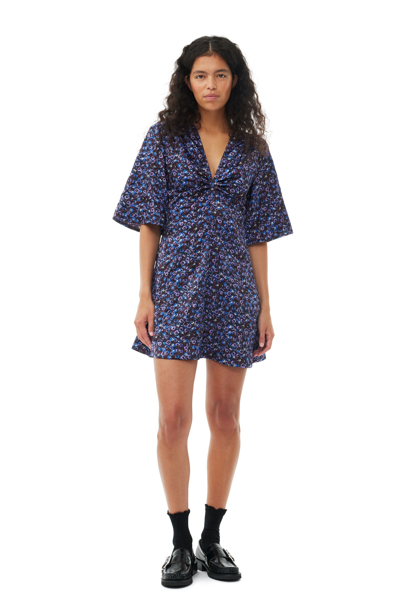 FLORAL CRINKLED SATIN V-NECK MINI DRESS - 3