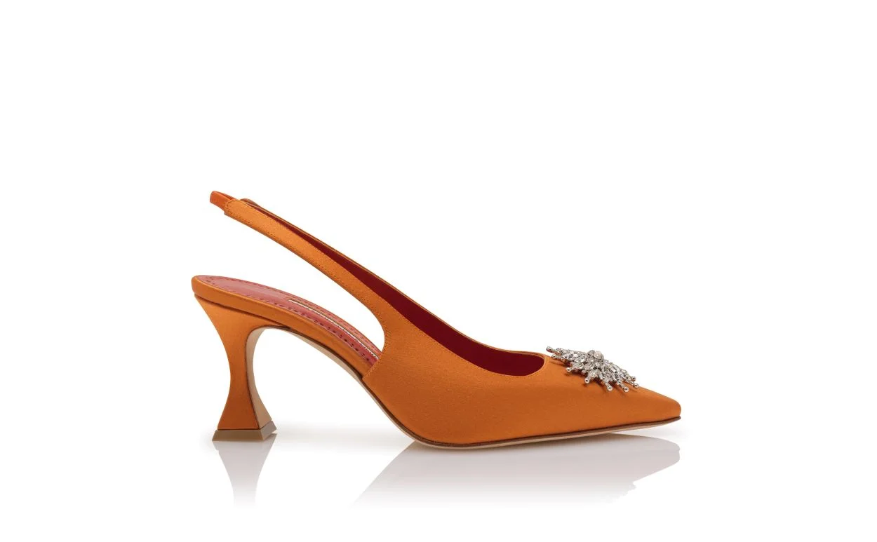 Orange Satin Crystal Embellished Slingback Pumps - 1