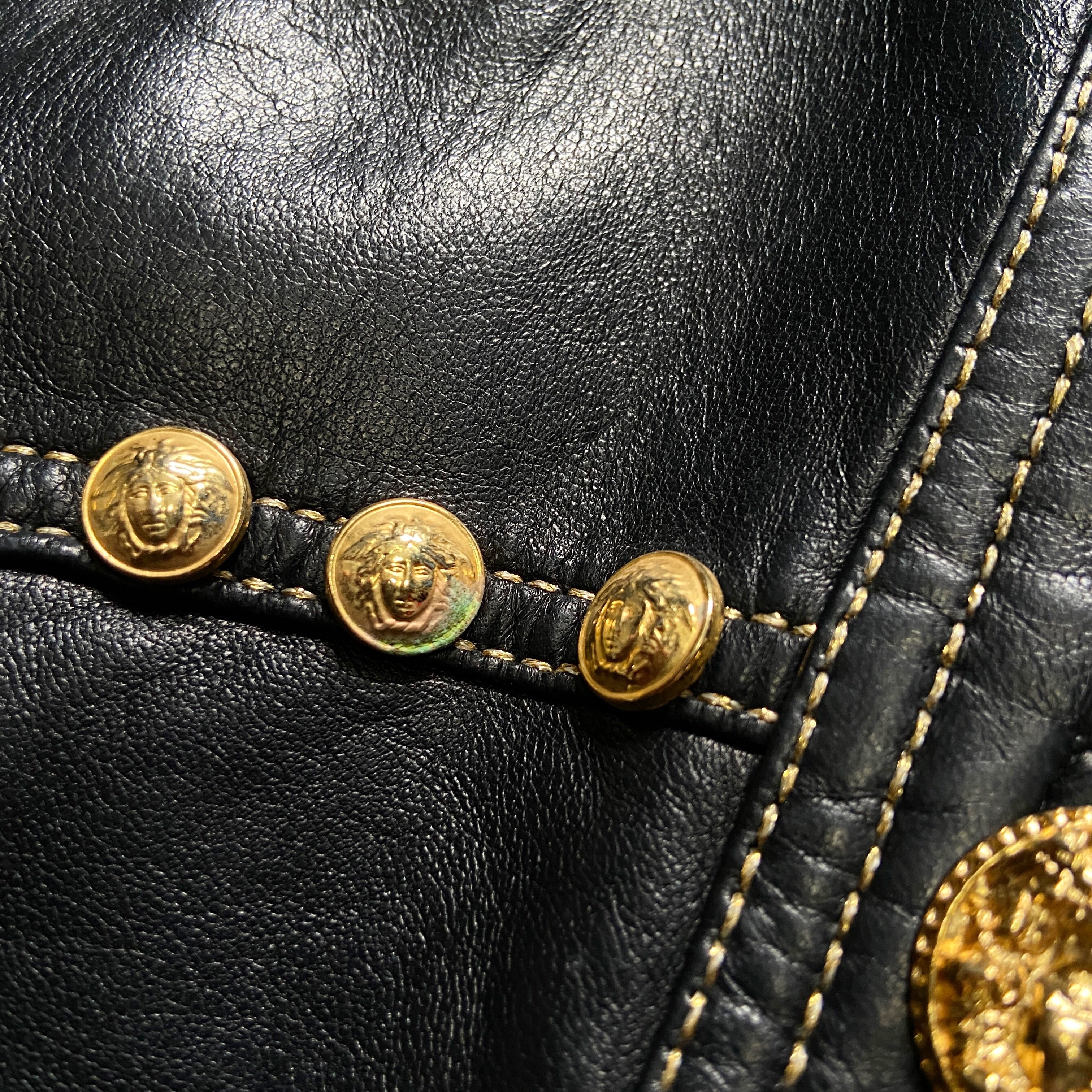 Gianni Versace Fall 1992 Midnight Cowgirl Lambskin Leather Vest with Mongolian Hair Collar and Gold  - 12