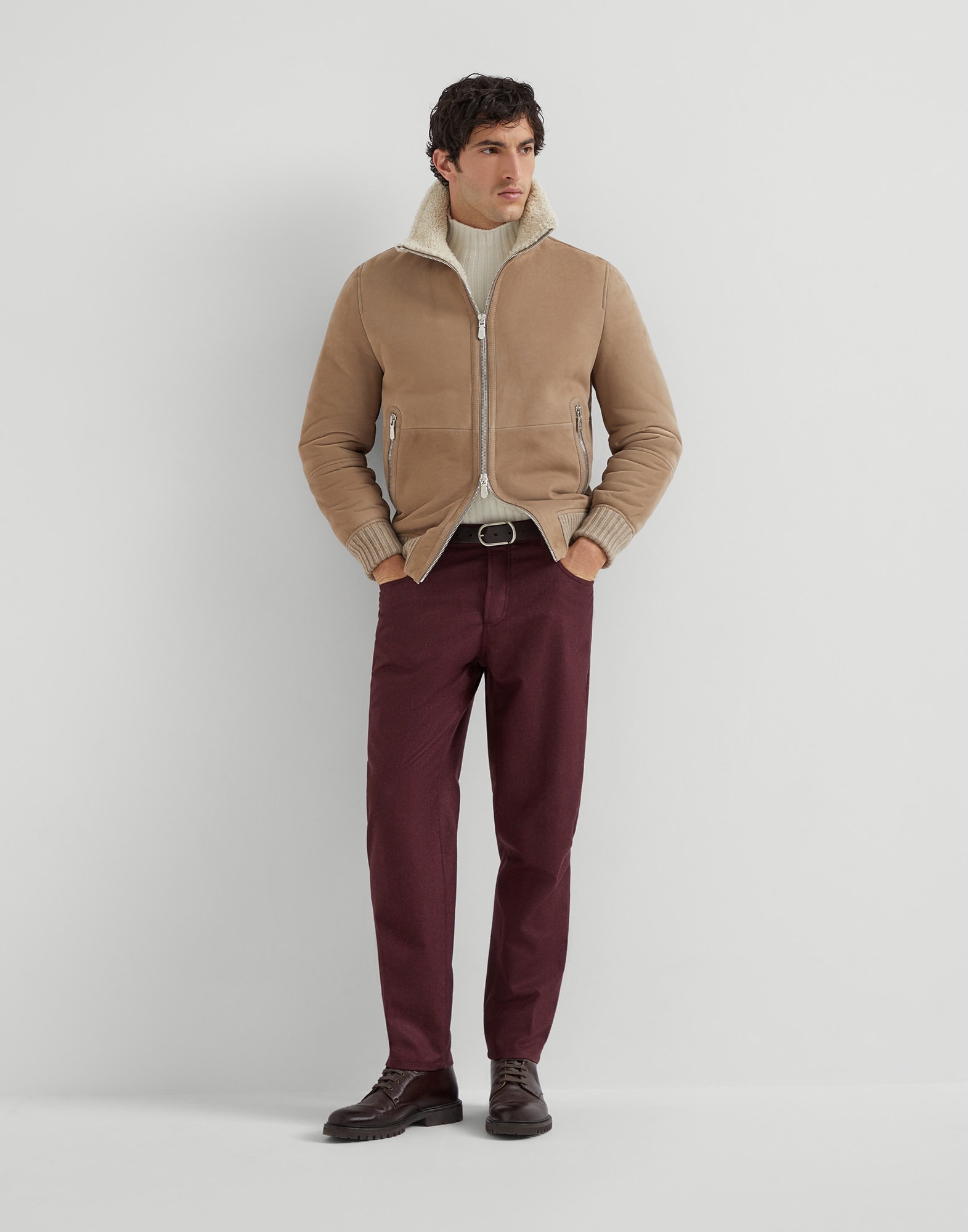 Suede curly shearling bomber jacket with cashmere knit collar - 5