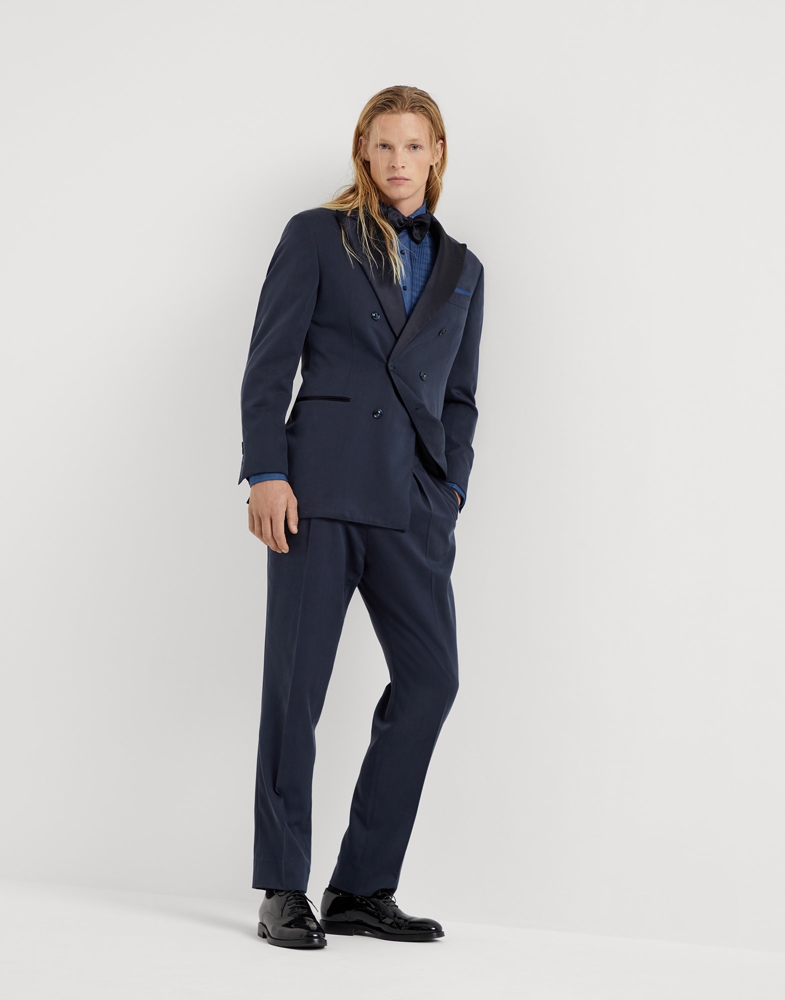 Lightweight denim slim fit tuxedo shirt with pleated bib, spread collar and French cuffs - 5