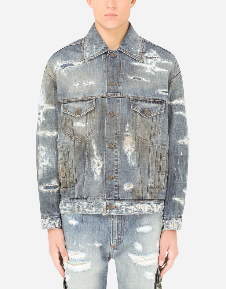 Blue wash denim jacket with rips - 1