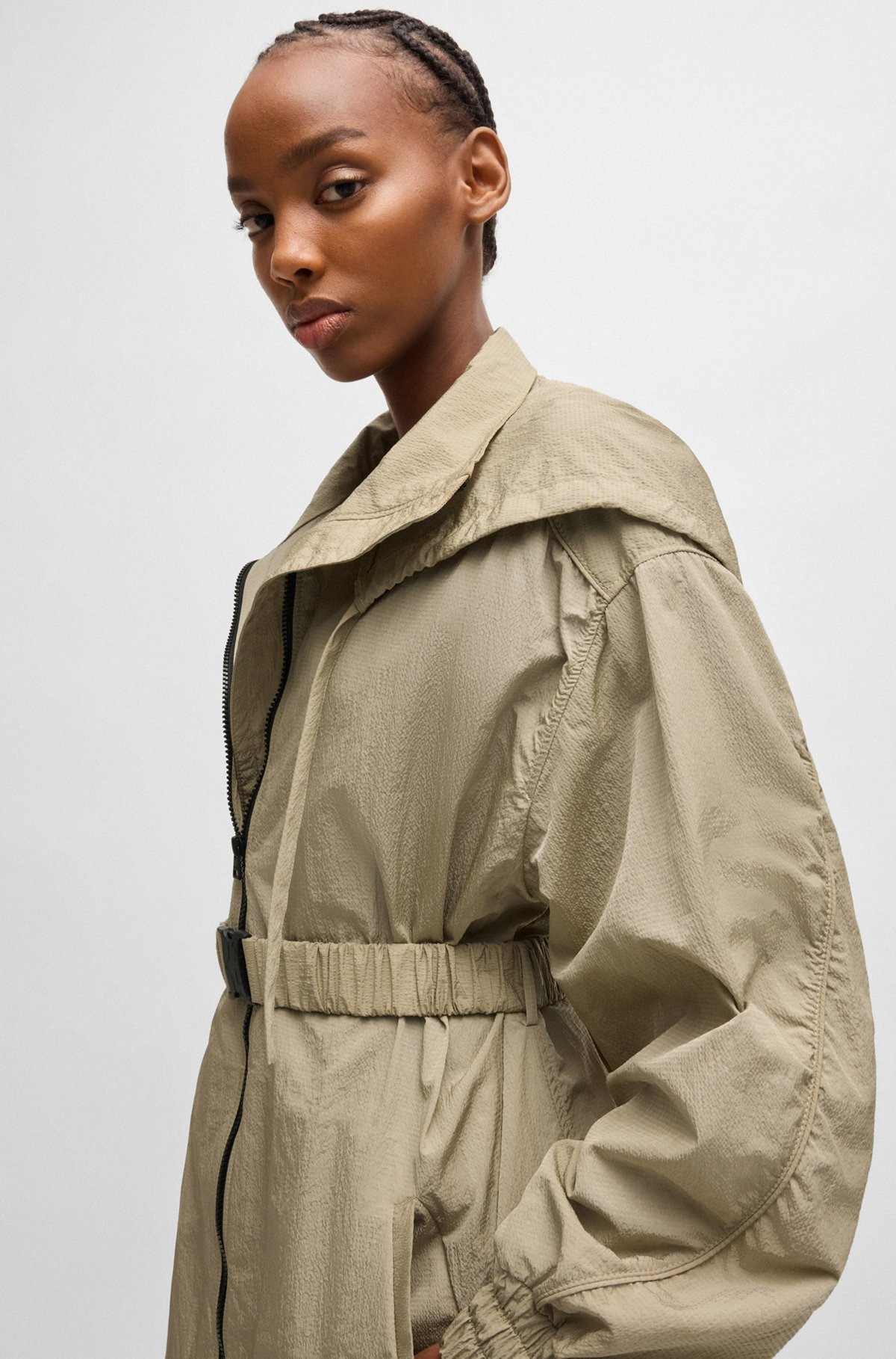 LONG-LENGTH BELTED PARKA JACKET IN SEERSUCKER FABRIC - 6