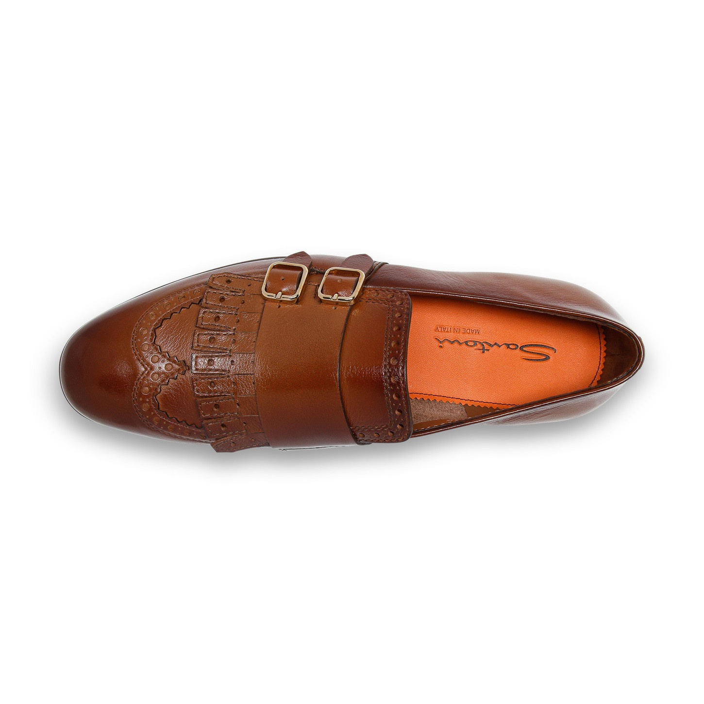 Men's orange leather double-buckle loafer with fringe - 4