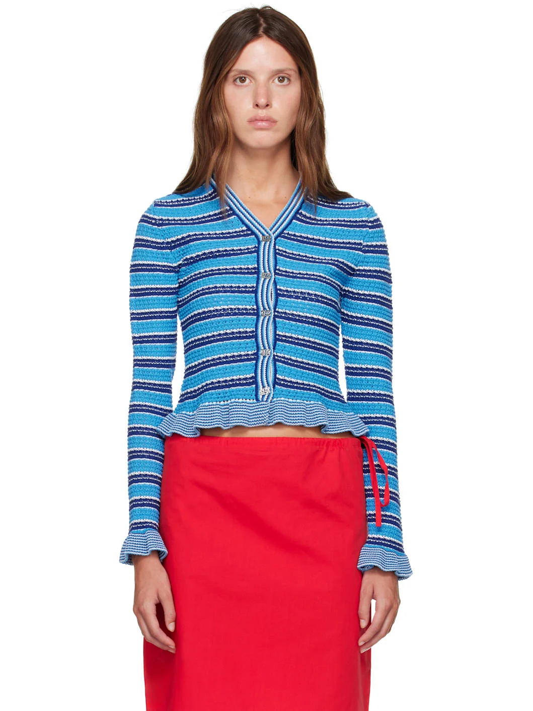 Blue Cotton Pointelle Stripe Cardigan - 1