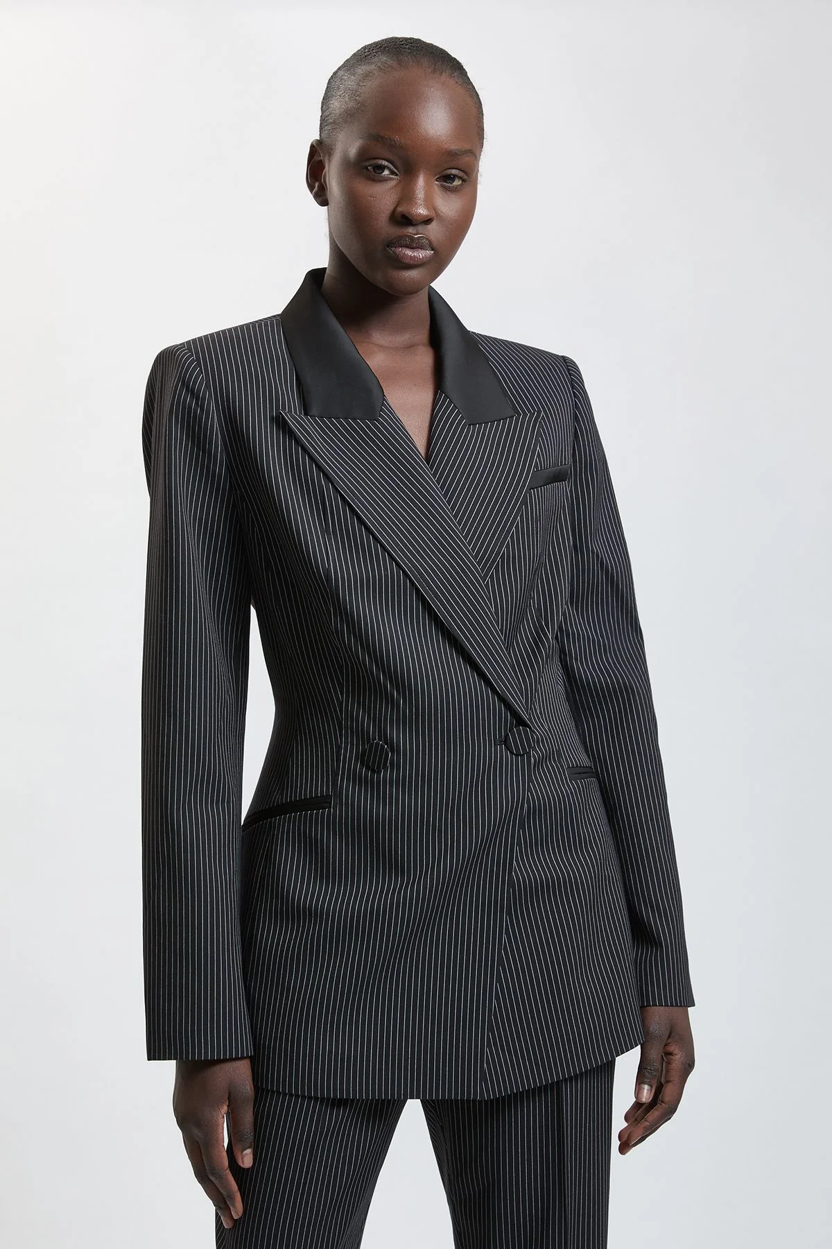 Pinstripe Satin Double Breasted Blazer - 1