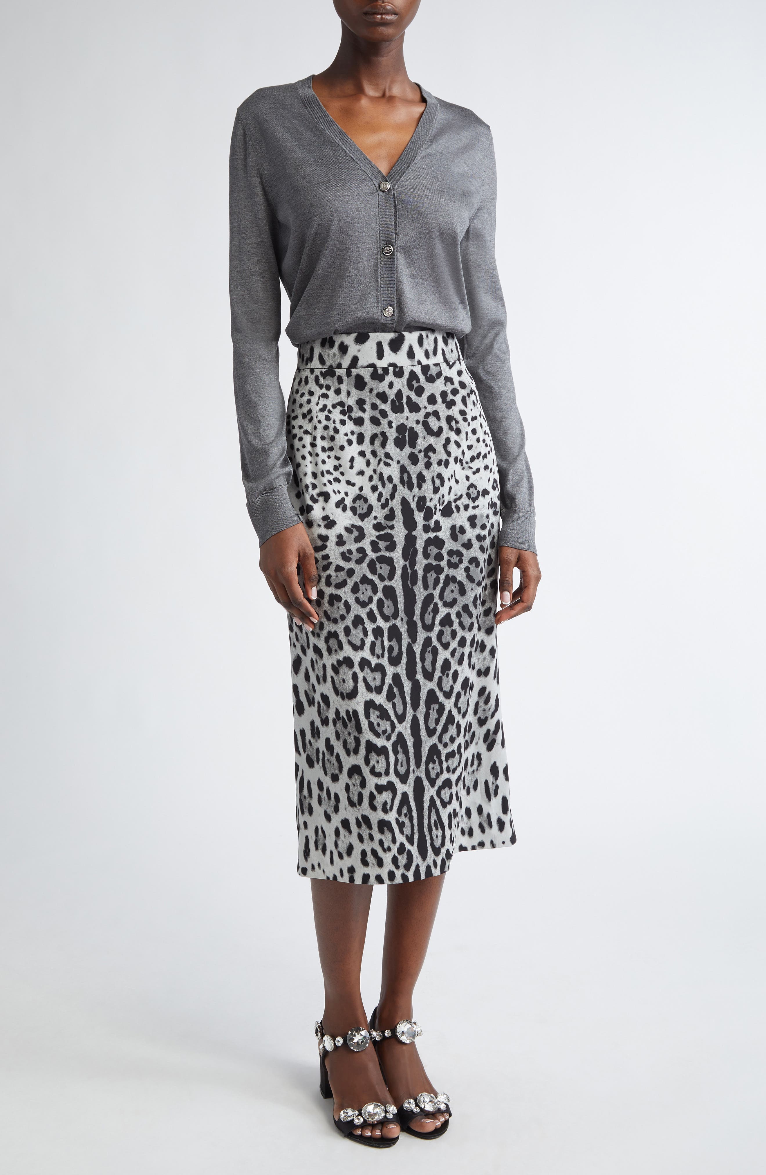 Dolce&Gabbana Leopard Print Stretch Silk Midi Skirt in Hi13N Leo Nero Fdo Grigio at Nordstrom - 2