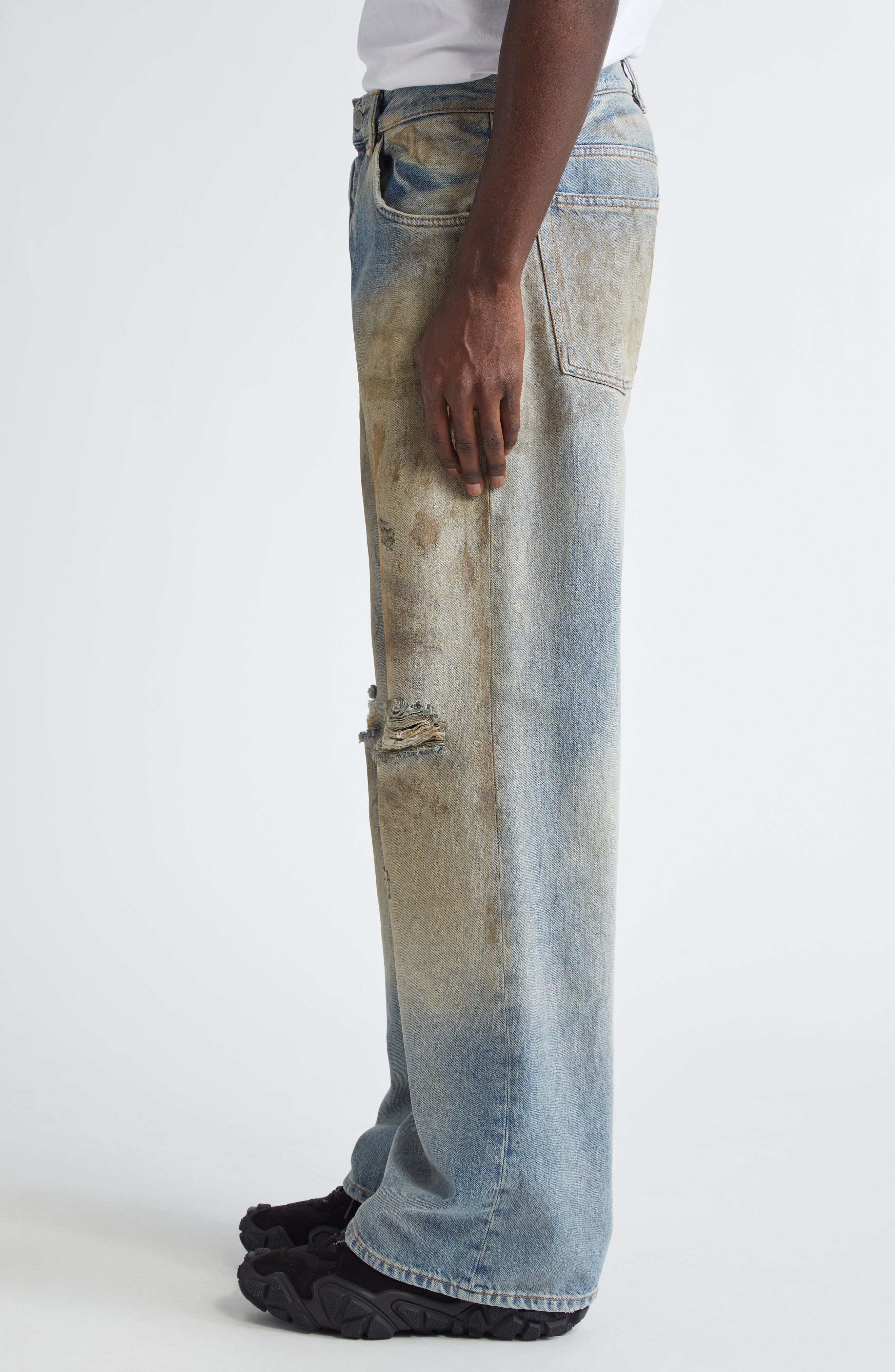 Acne Studios 2021 Penicillin Distressed Loose Fit Wide Leg Jeans in Mid Blue at Nordstrom - 4