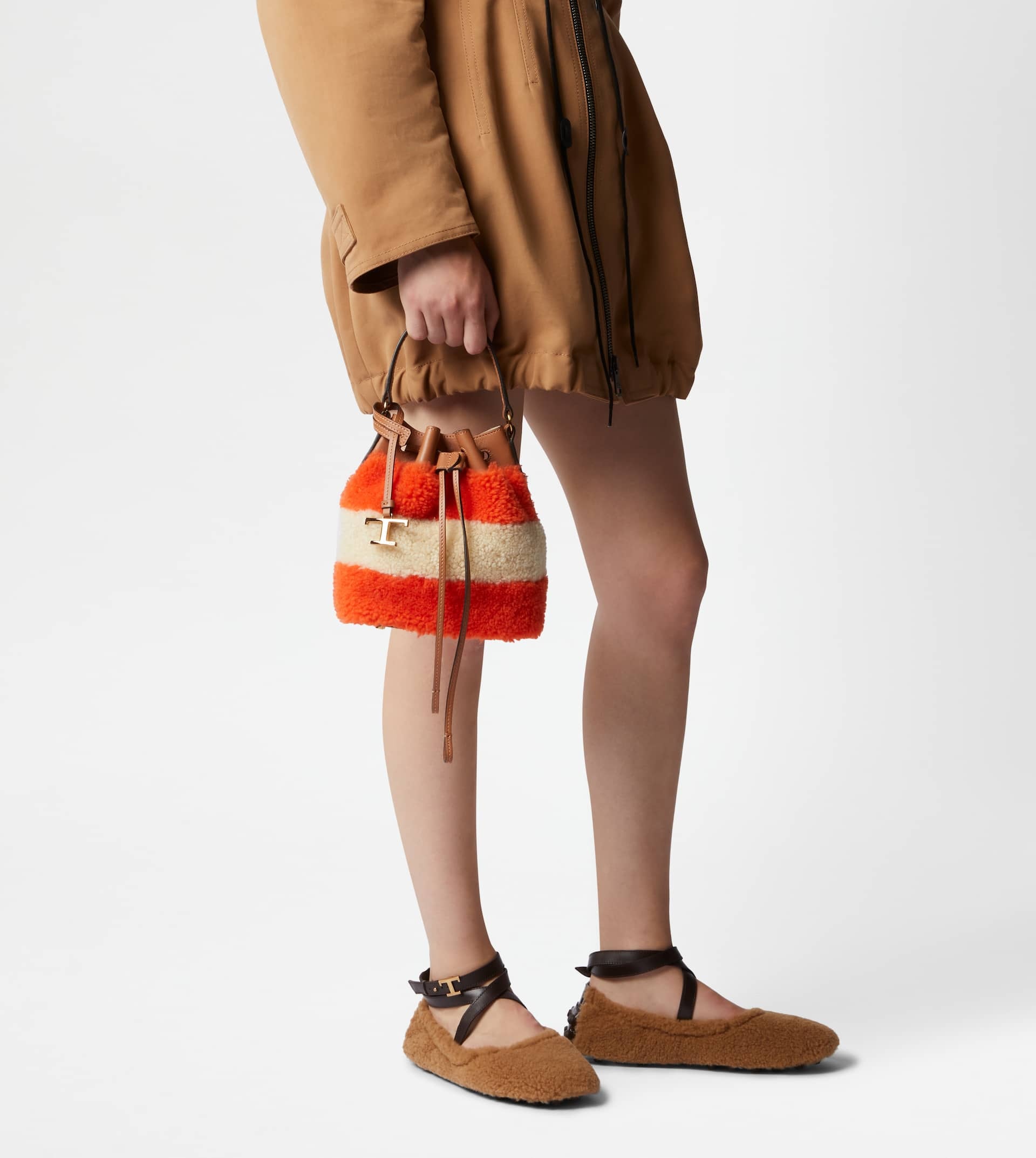 BUCKET BAG IN SHEEPSKIN AND LEATHER MICRO - ORANGE, OFF WHITE, BROWN - 3