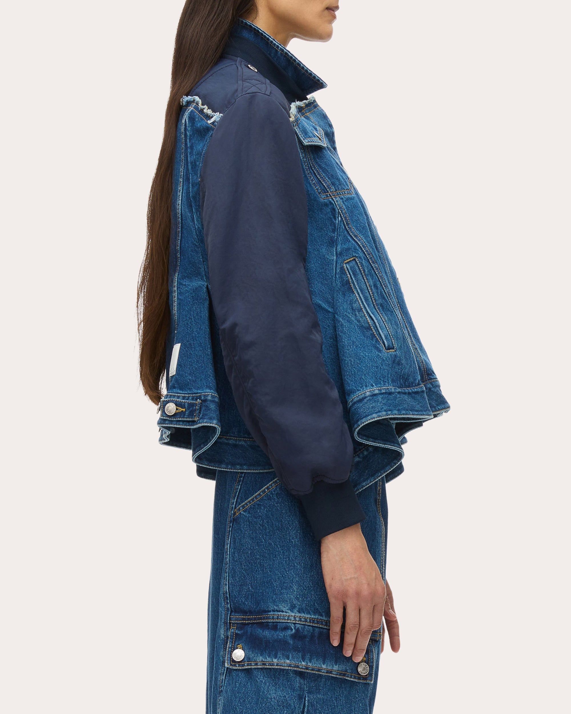 Ruffle-Hem Paneled Denim Flight Jacket - 4