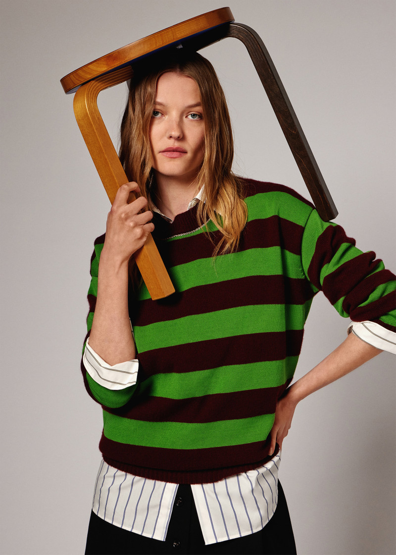 Paul Smith Women's Burgundy and Green Lambswool-Blend Striped Sweater outlook