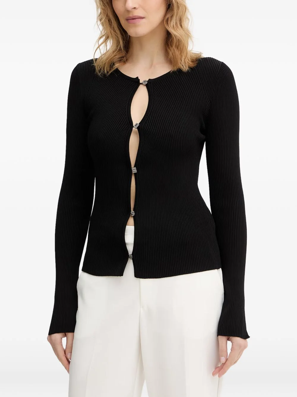 ribbed-knit long-sleeved cardigan - 1