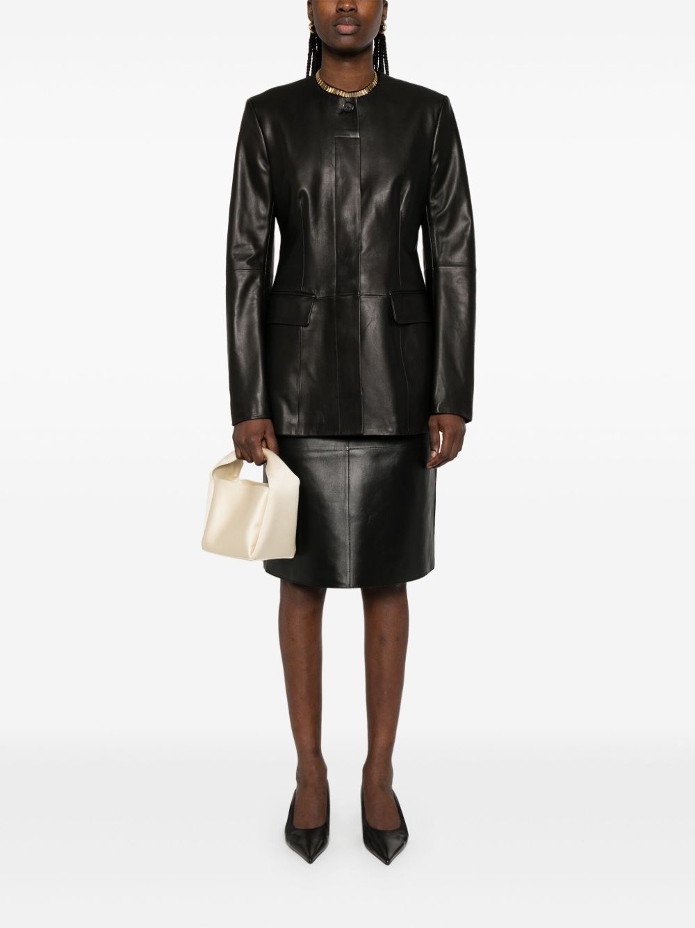 collarless leather jacket - 2