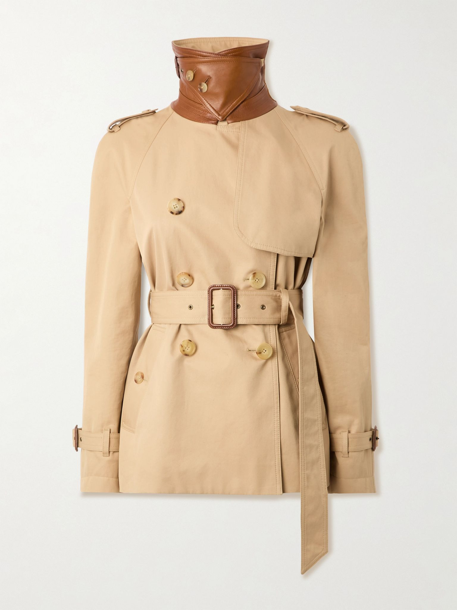 Double-breasted leather-trimmed cotton-gabardine trench coat Light brown - 1