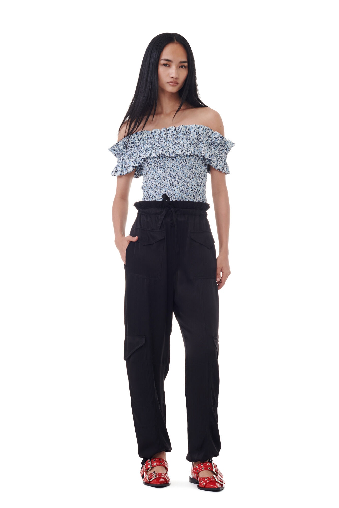 BLACK WASHED SATIN POCKET PANTS - 6