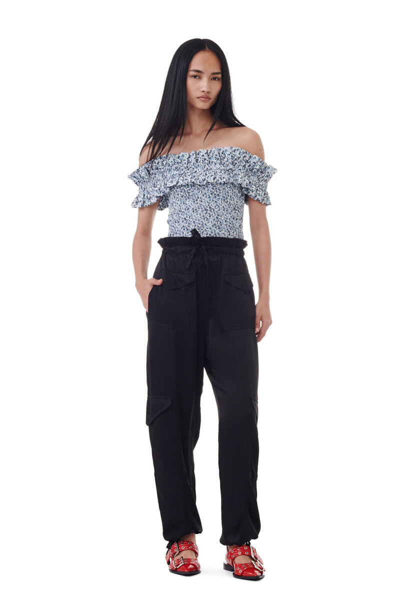 GANNI BLACK WASHED SATIN POCKET PANTS outlook