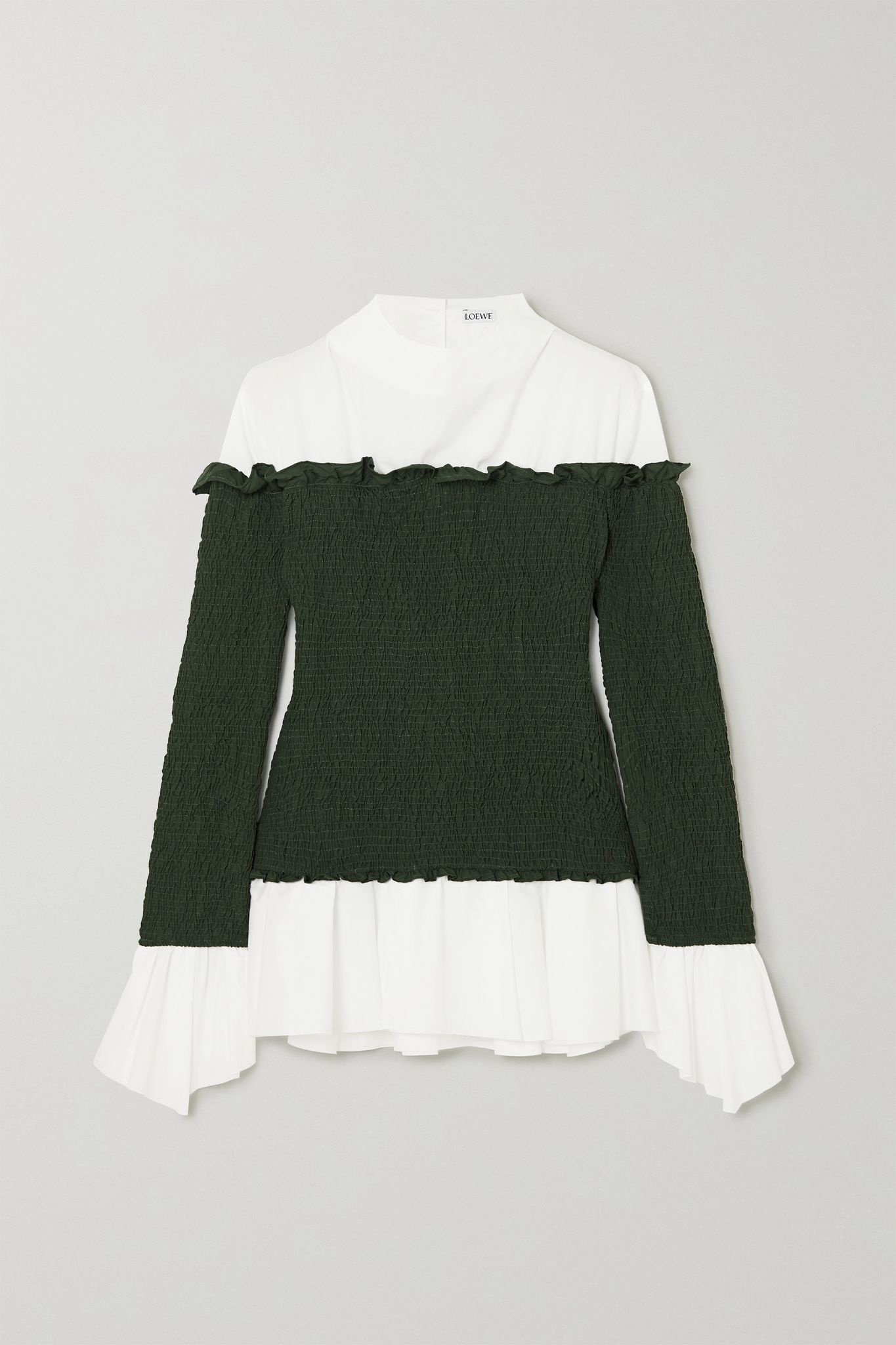 Layered smocked crepe and cotton-blend poplin blouse - 1