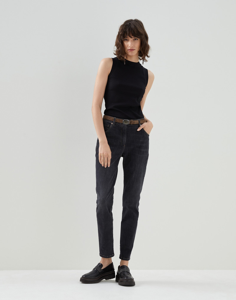 Brunello Cucinelli Stretch denim slim trousers with shiny leather tab outlook