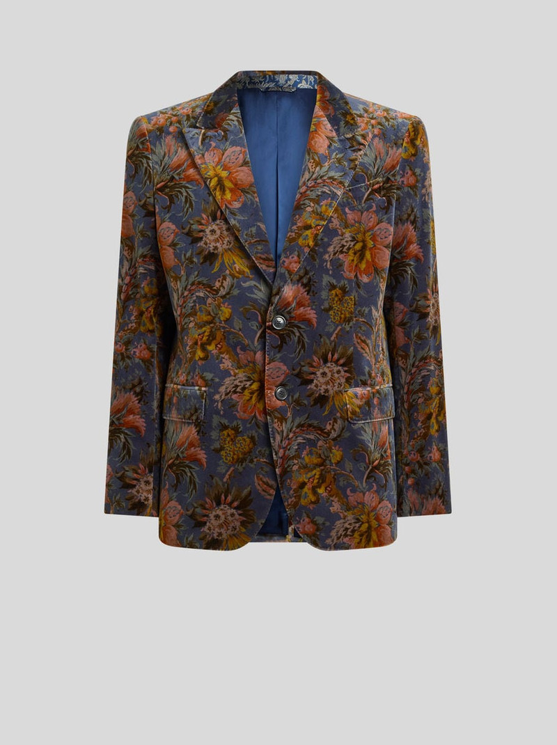 SINGLE-BREASTED JACKET IN STRETCH COTTON VELVET WITH FLORAL MOTIF 1