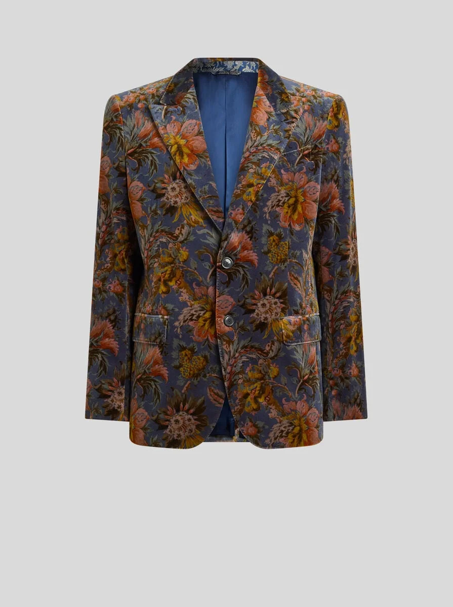 SINGLE-BREASTED JACKET IN STRETCH COTTON VELVET WITH FLORAL MOTIF - 1