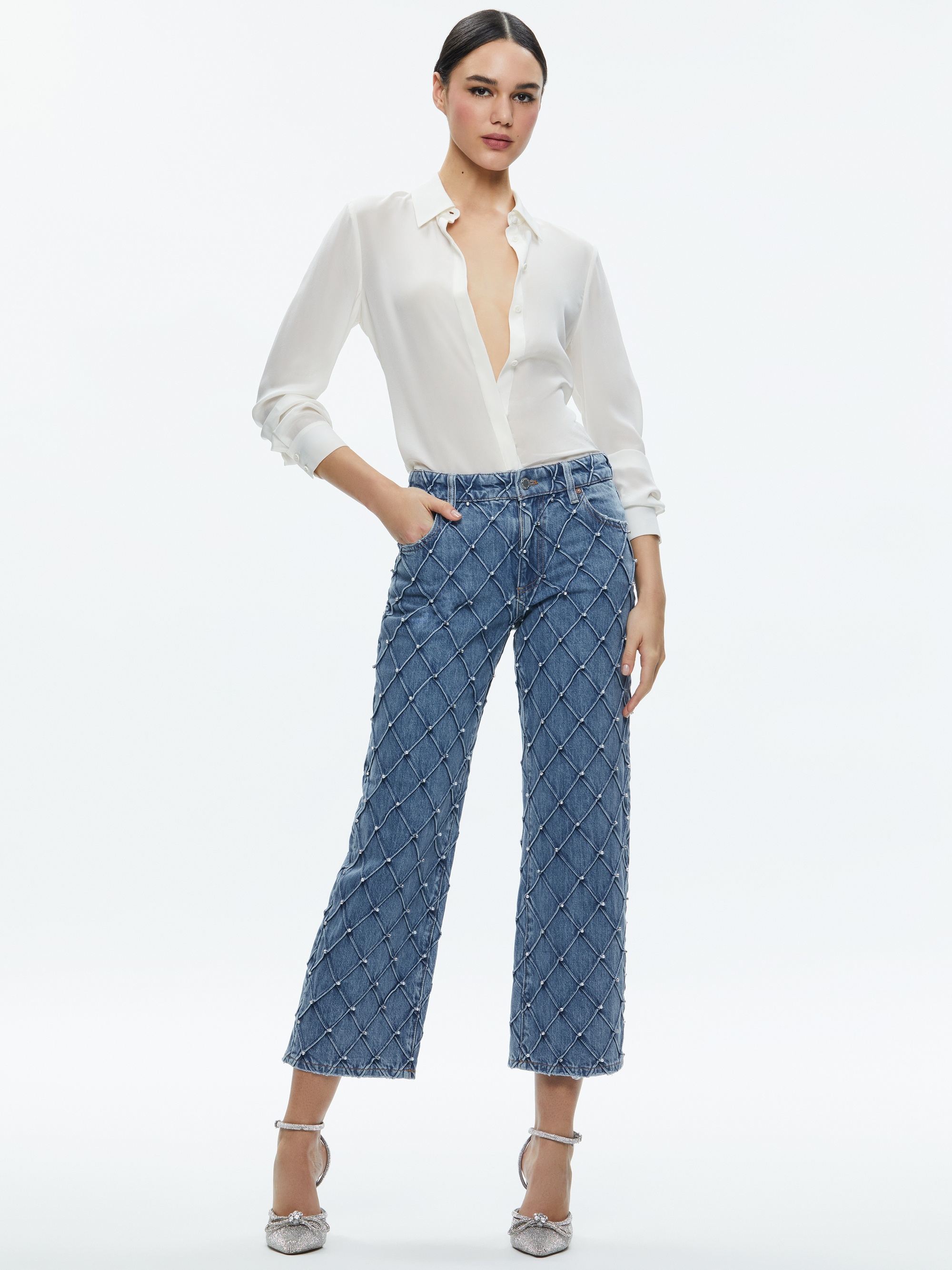WEEZY QUILTED EMBELLISHED CROPPED MID RISE JEAN - 6