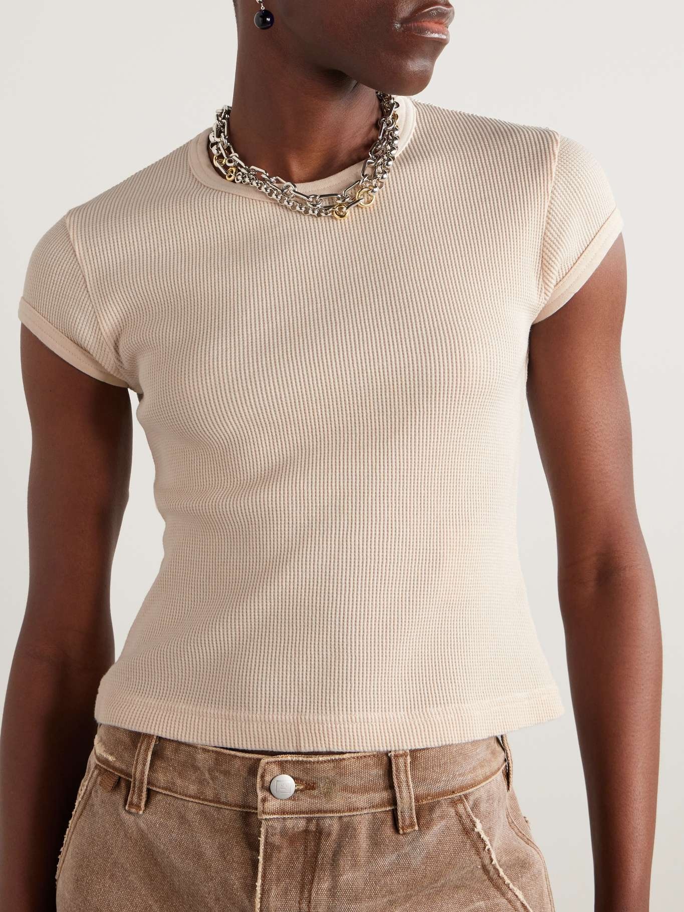 Cropped waffle-knit cotton T-shirt - 3