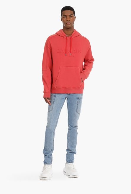 Faded red cotton hooded sweatshirt with embossed Balmain logo - 2