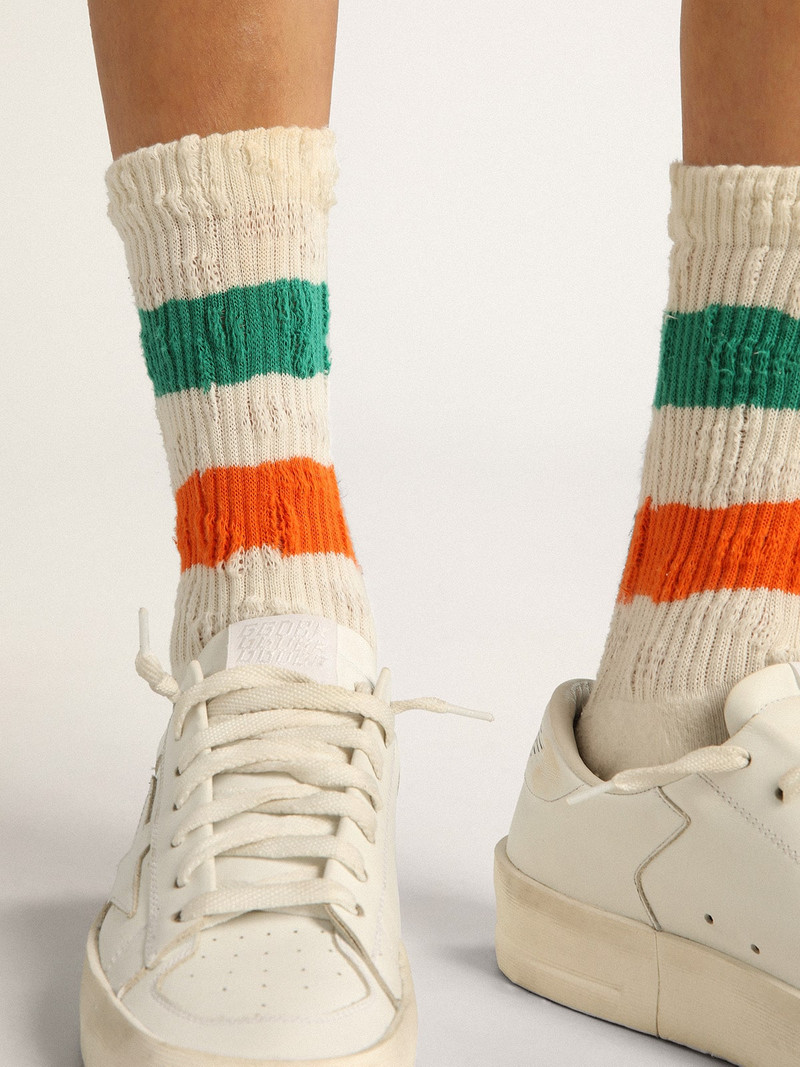 Distressed-finish white socks with green and orange stripes 3