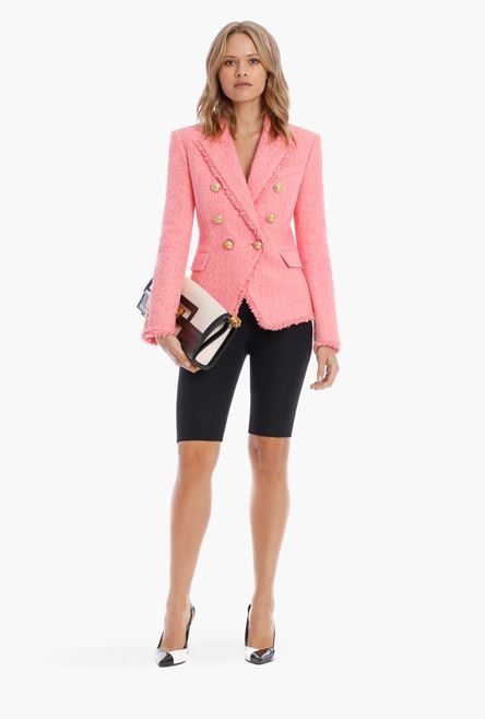 Pink tweed blazer and Balmain embroidered patch - 2